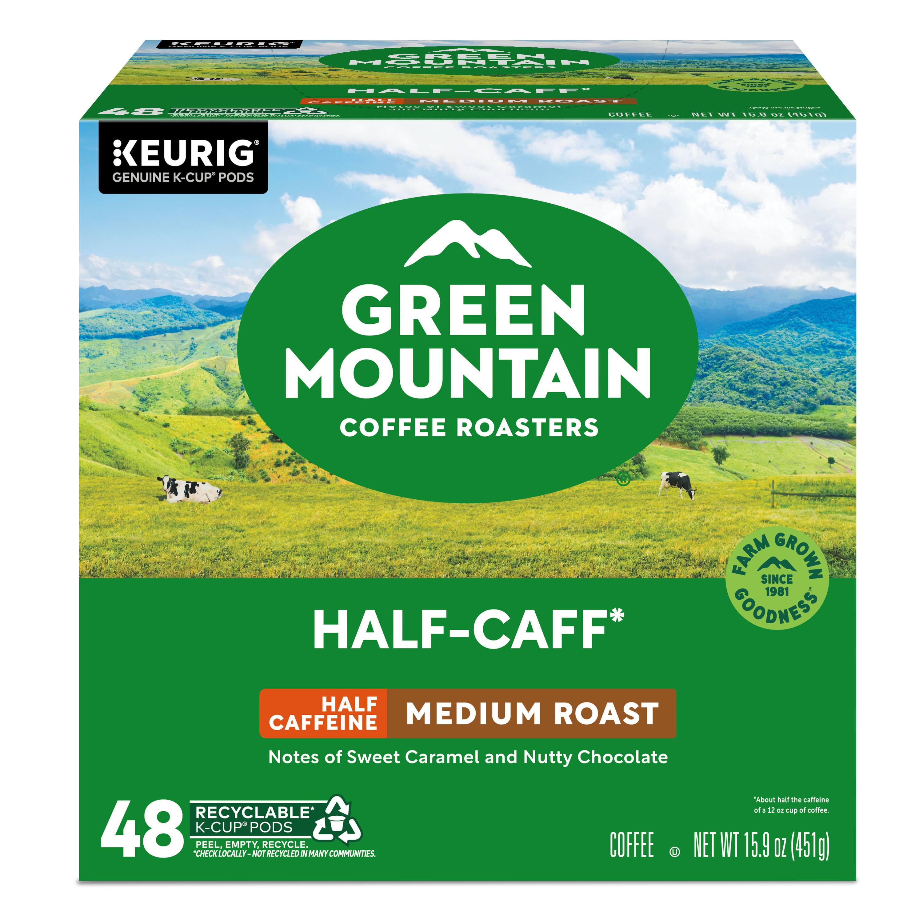 FEURIO GREEN MOUNTAIN COFFEE ROASTERS  
HALF-CAFF*  
HALF CAFFEINE  
MEDIUM ROAST  
Notes of Sweet Caramel and Nutty Chocolate  

KEURIG GENUINE K-CUP PODS  
FARM SINCE GROWN 1981  
COODNESS  
RECYCLABLE  
48 K-CUP PODS  
CHECKLOCALLY - PEEL EMPTY, NOT RECYCLE  
RECYCLED  
NET WT 15.9 OZ (451g)