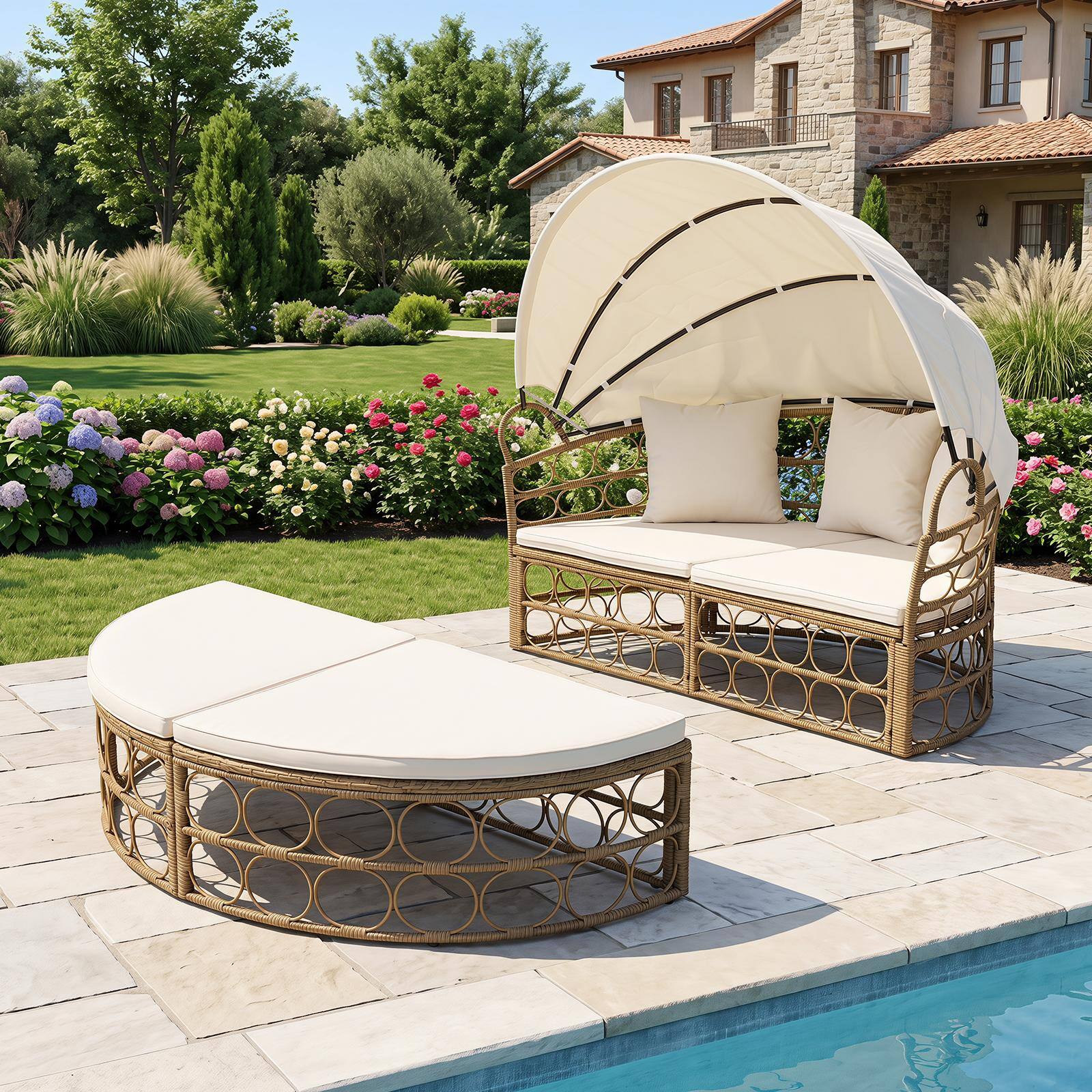 Alt View 3. Costway - Outdoor Patio Daybed w/ Retractable Canopy & Cushions - White.