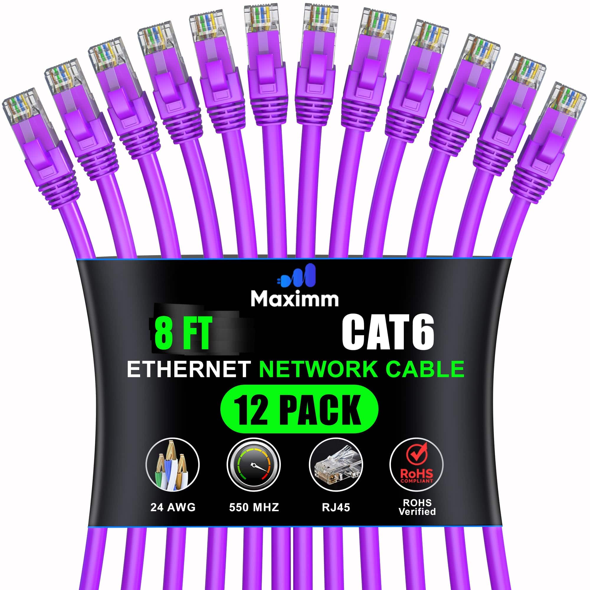 Maximm - Cat 6 Ethernet Cable 8 ft (12-Pack) - UTP, 10Gbps, 550MHz
