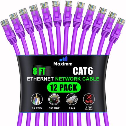 Maximm 8 FT CAT6 ETHERNET NETWORK CABLE 12 PACK
RoHS COMPLIANT
24 AWG
550 MHZ
RJ45
RoHS Verified