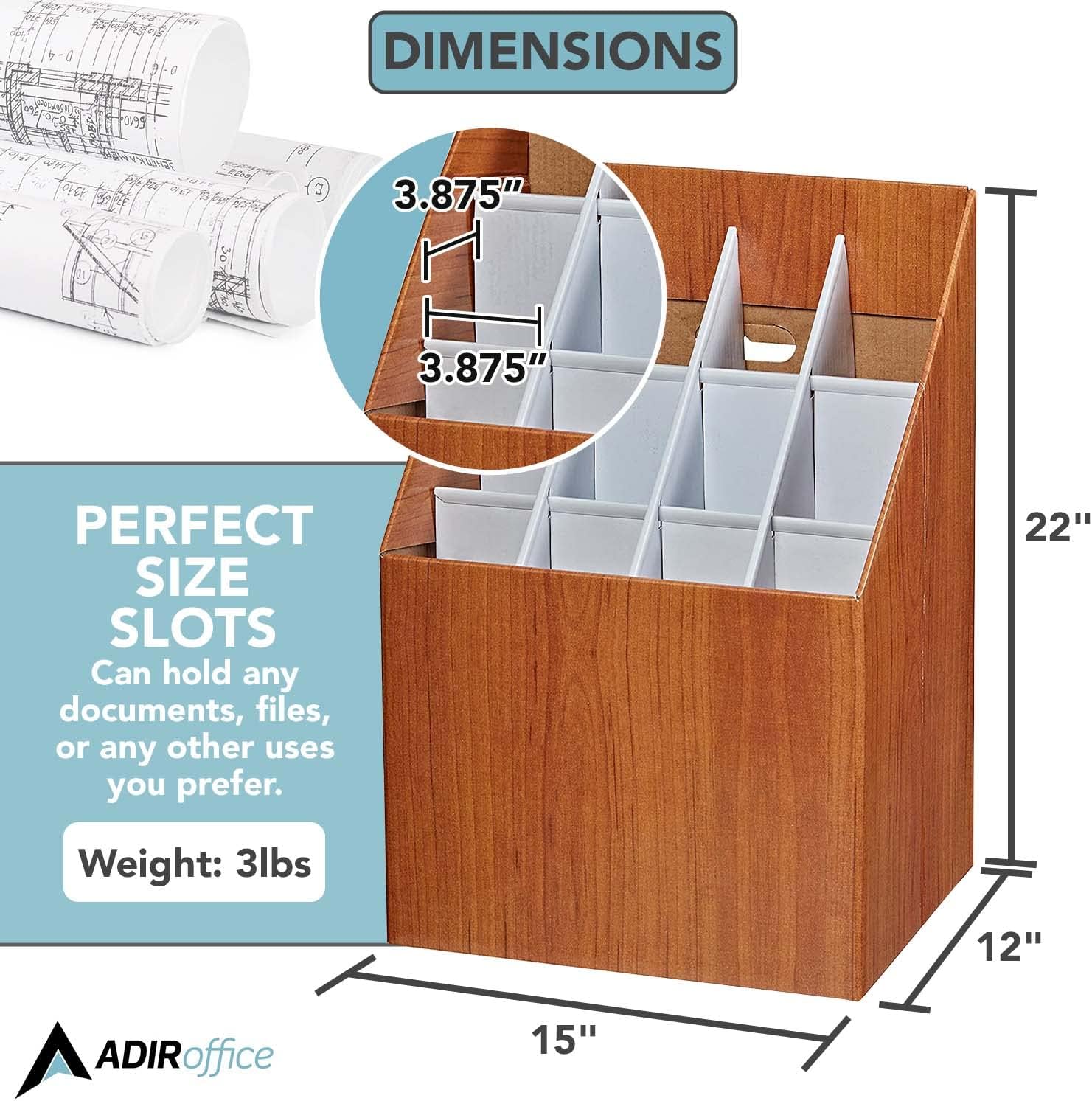 DIMENSIONS 3.875" 3.875" PERFECT SIZE SLOTS Can hold any documents, files, or any other uses you prefer. 22" Weight: 3lbs 12" ADIRoffice 15"