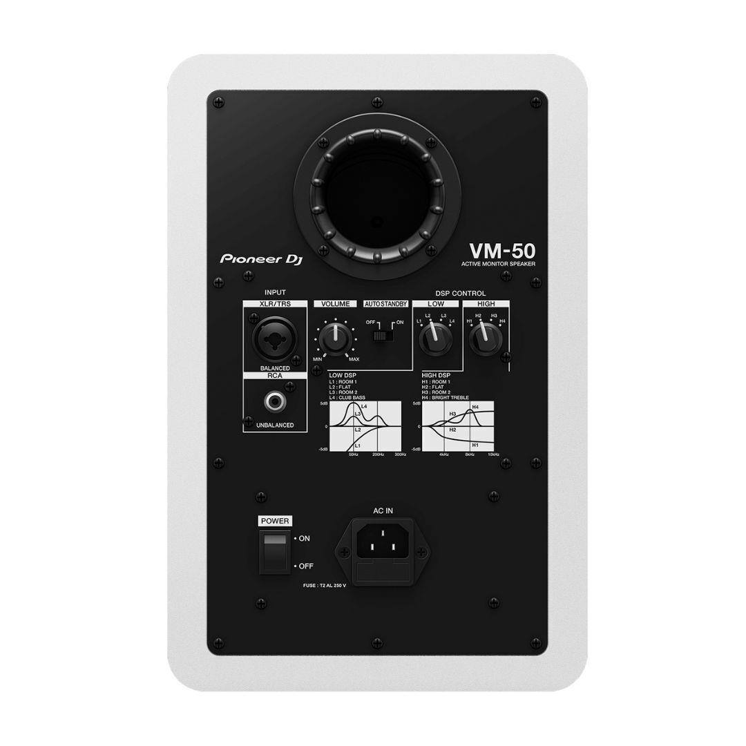 Pioneer DJ VM-50 ACTIVE MONITOR SPEAKER

INPUT
- XLR/TRS
  - BALANCED
  - UNBALANCED

VOLUME
- MAX

AUTOSTANDBY

DSP CONTROL
- LOW
- HIGH
- HIGH DSP
  - FLAT
  - BRIGHT
  - FLAT 2
  - BRIGHT 2

POWER
- ON
- OFF

AC IN

FUSE: 7.5A 250V