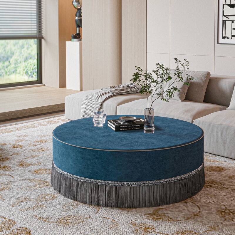 Front. wowmax - 40" Round Ottoman Coffee Table, Velvet Footrest with Fringe, Washable Cover for Living Room Bedroom – Blue - Blue.