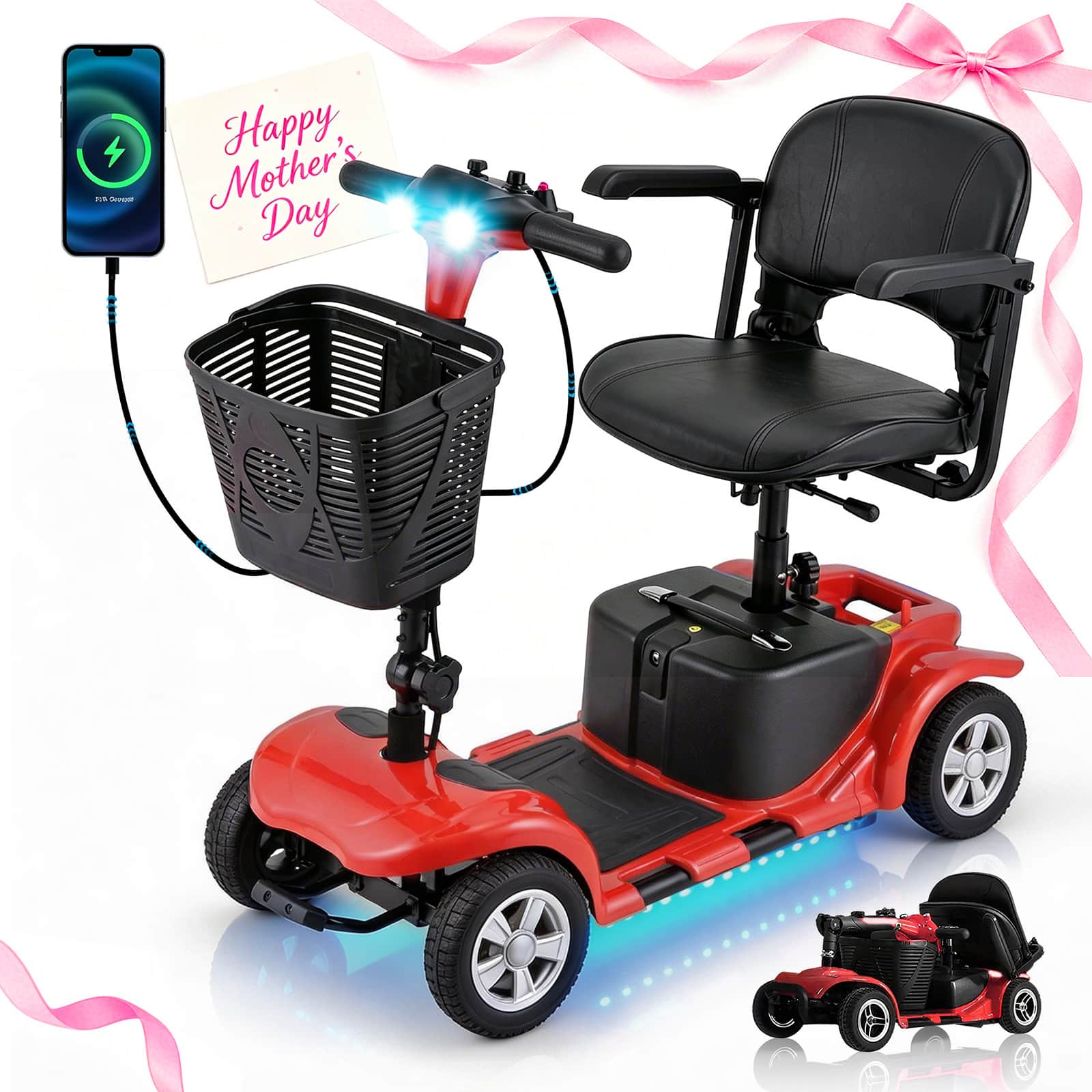 Hover Heart - 4 Wheel Mobility Scooter for Adults, Portable Electric Travel Scooter with Adjustable Seat, Light and Basket - Red