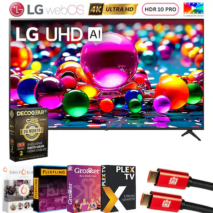 - LG webOS 4K ULTRA HD
- HDR 10 PRO
- FILMMAKER MODE
- LG UHD AI
- DECOGEAR CPS BUNDLE
- 26 MONTH CPS PROTECTION
- EXCLUSIVE DECO GEAR HDMI CABLES
- 2 CTION PLAN PREMIUM PROTECTION
- Groxker TV
- PLEX TV
- DAILY BUR
- FLIXFLING
- STREAM SMARTER