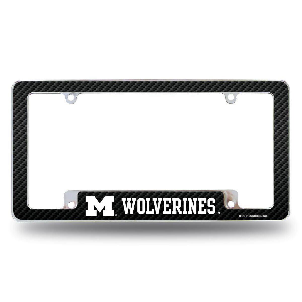 Michigan Wolverines Chrome Metal License Plate Frame with Carbon Fiber Design