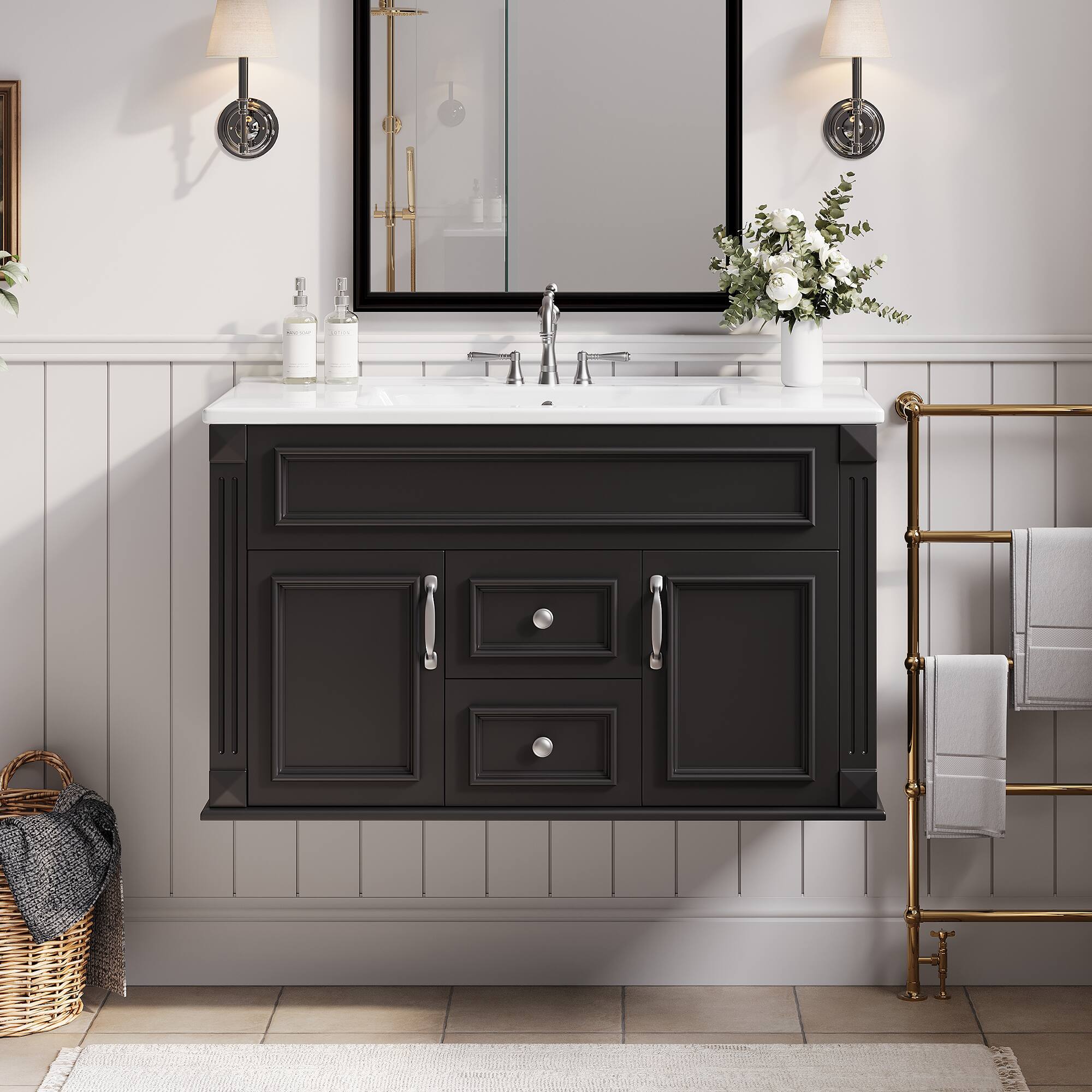 Angle. Whisen - 36" Wall Mounted Bathroom Vanity Cabinet with Sink Drawers and Soft Closing Hinges Floating Storage - Black.