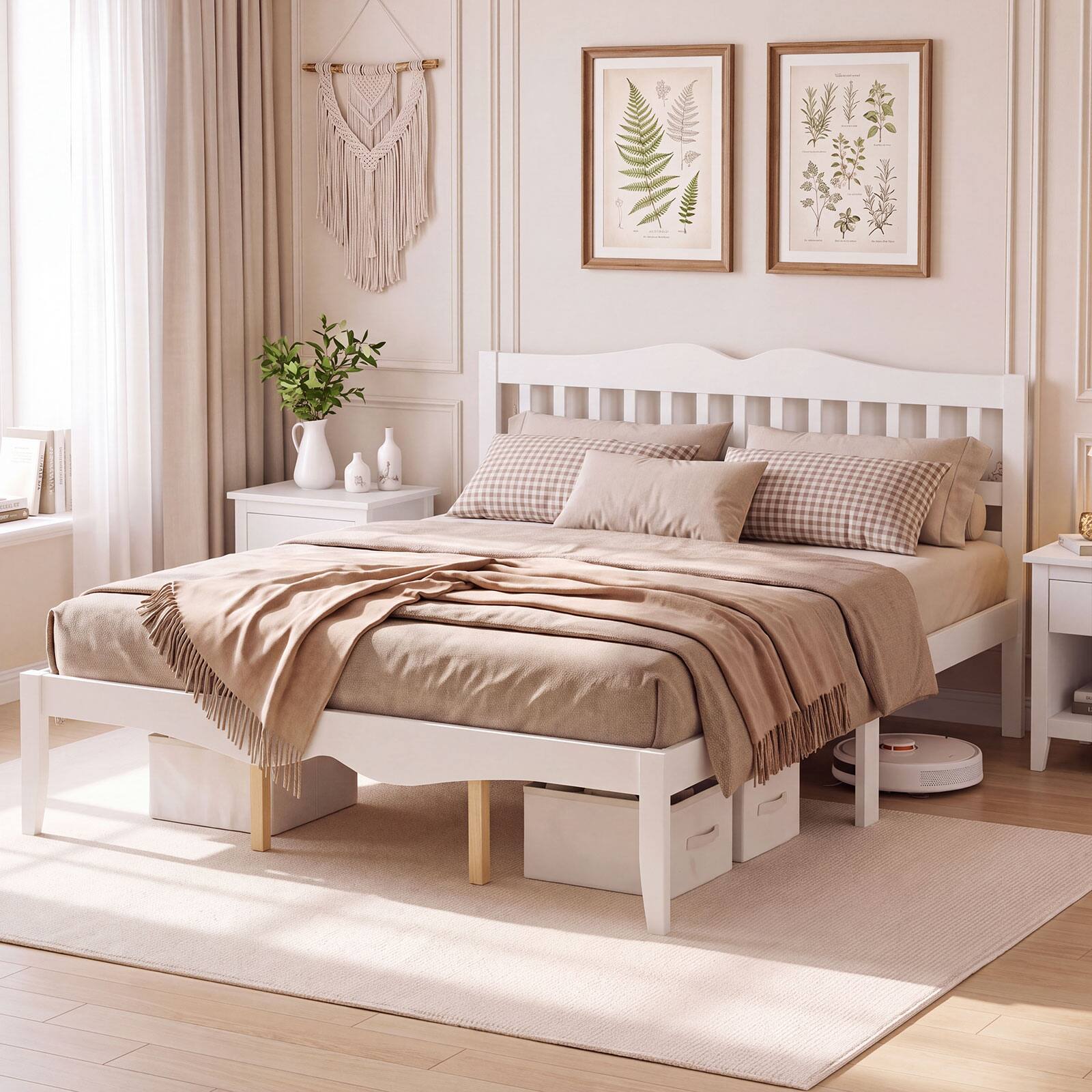Alt View 3. Costway - Costway Queen Size Platform Bed with Headboard, Solid Wood Frame, Sturdy Wood Slat Support - White.