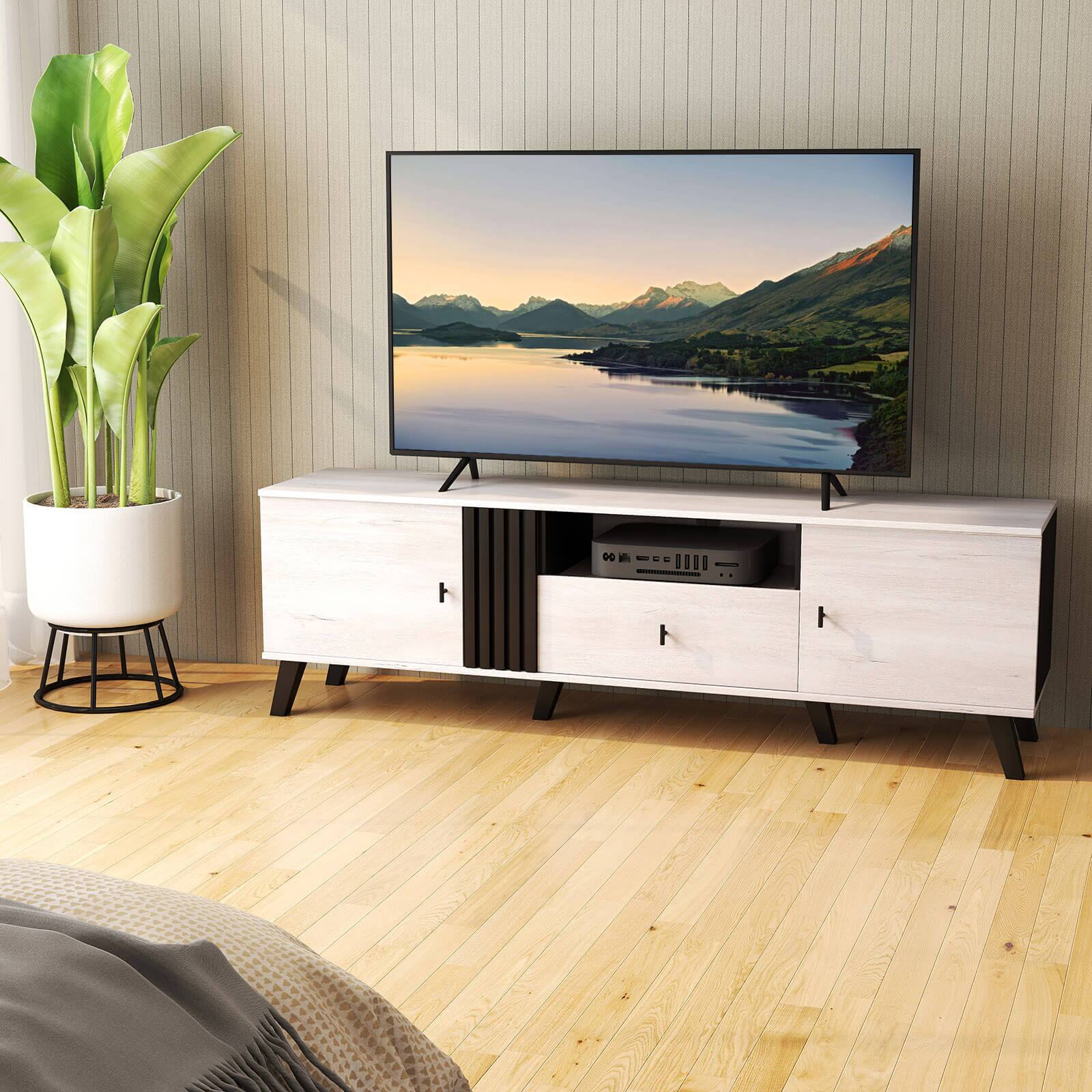 Alt View 3. Costway - Costway Mid Century Modern TV Stand for 80" TVs with Open Shelf 2 Side Cabinets - Oak + Black.