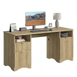 Bestier - 59 inch Fluted Executive Office Desk with 2 Drawers and Storage Cabinet Modern Home Office Desk with Cable Management - Natual Oak