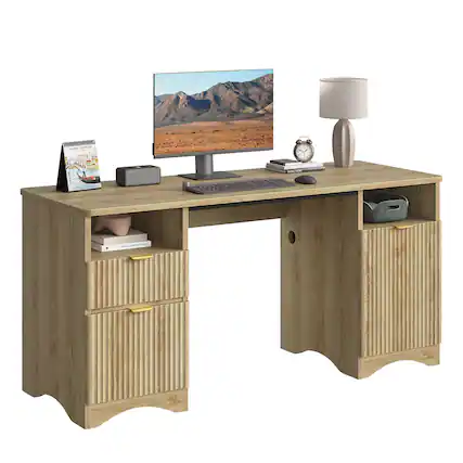 Front. Bestier - 59 inch Fluted Executive Office Desk with 2 Drawers and Storage Cabinet Modern Home Office Desk with Cable Management - Natual Oak.