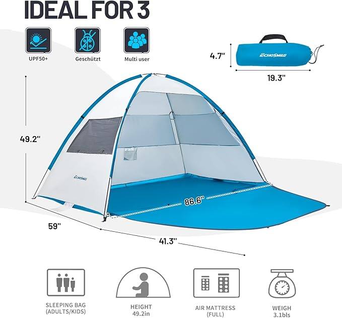 IDEAL FOR 3 UPF50+ Geschtzt Multi user 4.7" ECHOSMILD 19.3" 49.2" 86.6" 59" 41.3" SLEEPING BAG (ADULTS/KIDS) HEIGHT 49.2in AIR MATTRESS (FULL) WEIGH 3.1bls