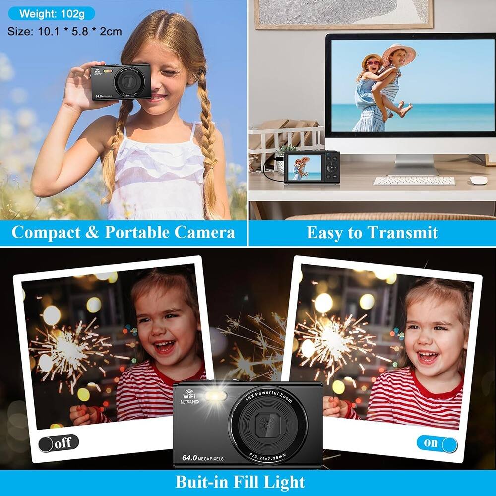 Weight: 102g  
Size: 10.1 * 5.8 * 2cm  

Compact & Portable Camera  

Easy to Transmit  

Built-in Fill Light  

64.0 MEGAPIXELS  

16X Powerful Zoom  

P13.21-7 34mm  

WiFi ULTRAHD