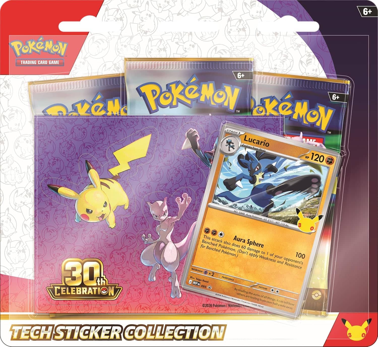 6+  
POKÉMON TRADING CARD GAME 6+  
POKÉMON TM  
STAGE 1  
Evolves Lucario from Riolu  
HP 120  

30th CELEBRATION  
OREA  
POKÉMON  
135  
3.850 WT  
7.3%  
som. 3 o  

This Aura Benched attack also does 60 damage for Benched Pokémon. (Don't damage to 1 of your opponent's Pokémon.) (Don't apply Weakness and Resistance.)  
100 Weakness  
2 Mark resistance  

Taigo Kasai  
MIP aus  
retreat  
By reading the auras of others, it can tell how they feel from things, IT over half of them.  
2026  
POKÉMON / Nintendo  

SAME mile  
FREAK aware.  

TECH STICKER COLLECTION