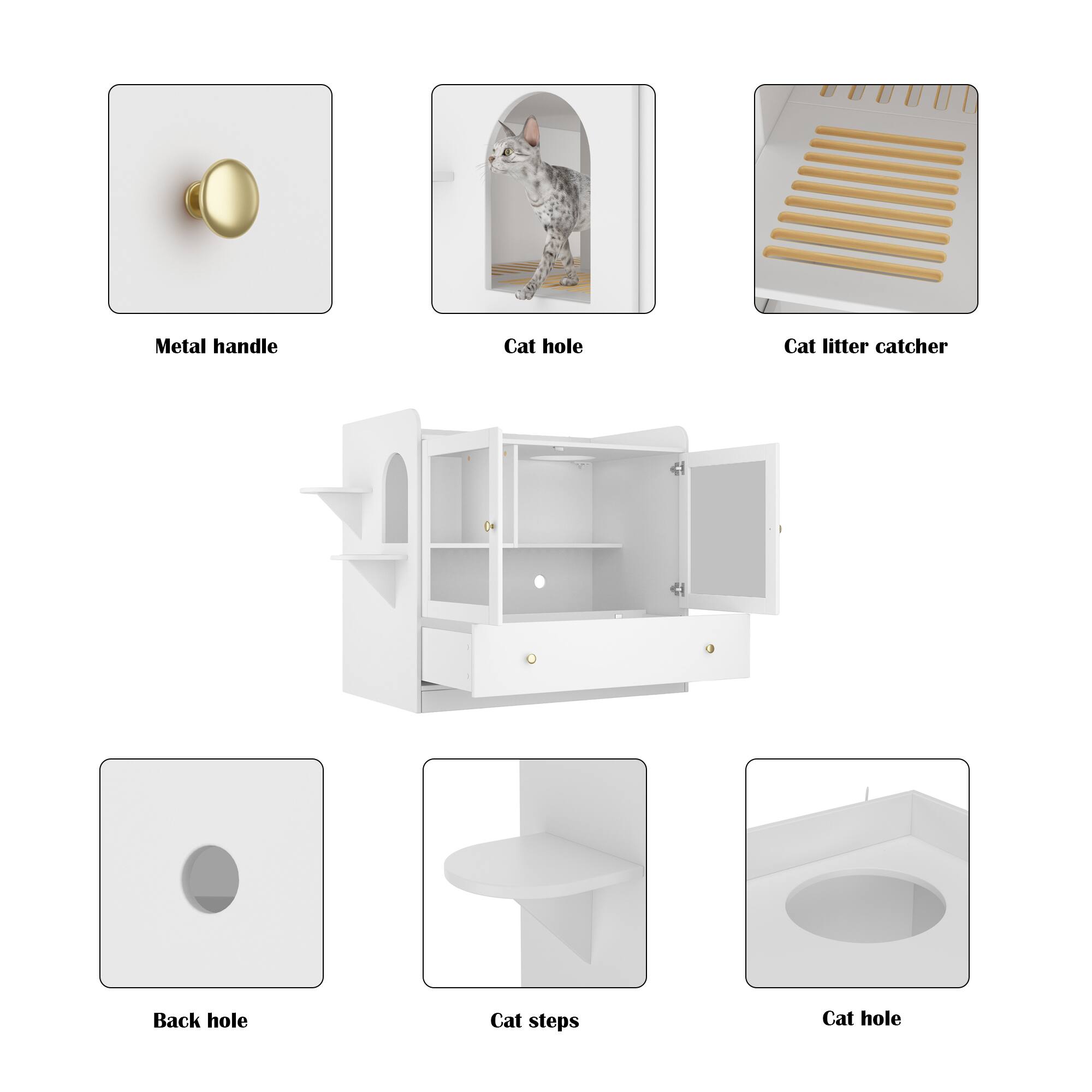 - Metal handle
- Cat hole
- Cat litter catcher
- Back hole
- Cat steps
- Cat hole