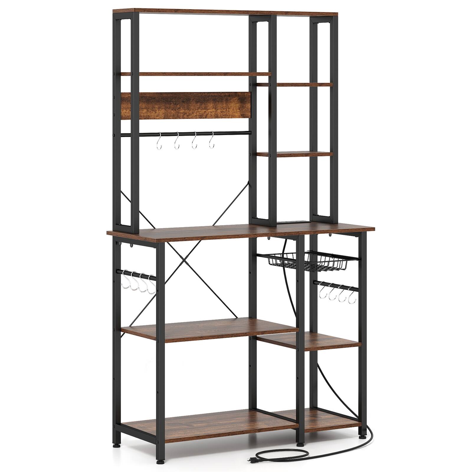 Alt View 9. Gymax - Gymax Bakers Rack w/ Power Outlet 6-Tier Microwave Stand w/ Wooden Open Shelves - Brown.