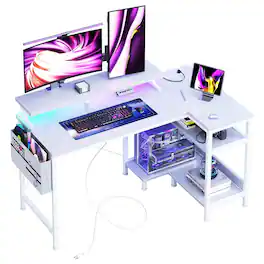 Anysun - 40"Game Desk with USB Charging, Power Socket, Type-C & LED Lights - Computer Table with Storage Rack & Monitor Stand - White