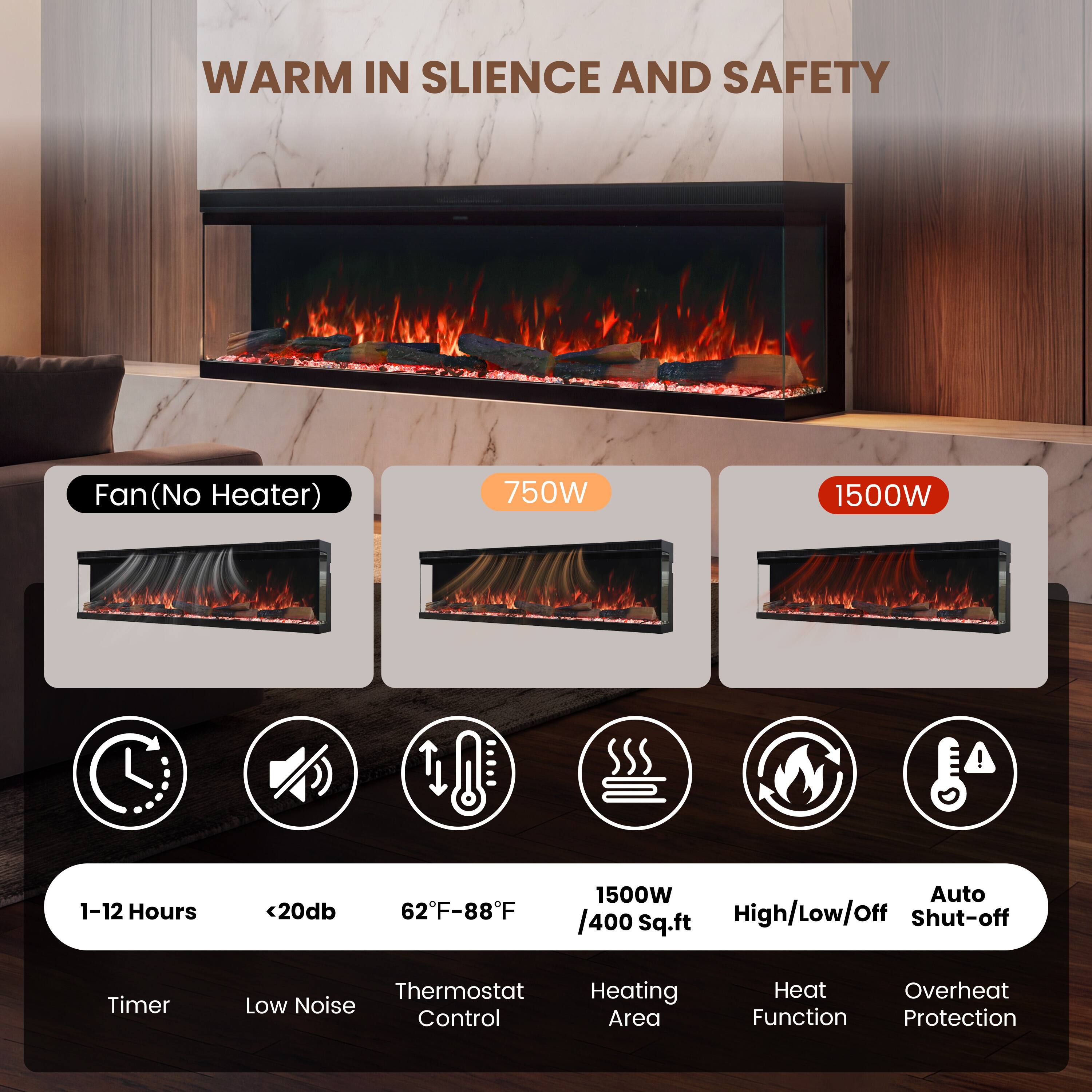 WARM IN SILENCE AND SAFETY

Fan (No Heater)
750W
1500W

1-12 Hours
<20db
62°F-88°F
1500W Auto / 400 Sq.ft High/Low/Off Shut-off

Timer
Thermostat Low Noise Control
Heating Area
Heat Overheat Function Protection