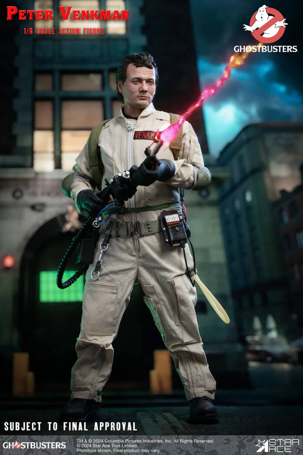 PETER VENKMAN  
1/6 SCALE ACTION FIGURE  
GHOSTBUSTERS  

SUBJECT TO FINAL APPROVAL  

TM & © 2024 Columbia Pictures Industries, Inc. All Rights Reserved.  
GHOSTBUSTERS 2024 Star Ace Toys Limited.  
Prototype shown. Final product may vary.  

STAR ACE