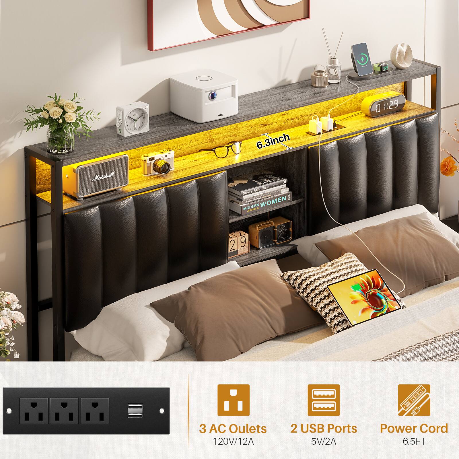 - i 0 1:29 : T 4 - - - - 6.3inch Marskutt MOEAN WOMEN 2 9 3 AC Outlets 120V/12A 2 USB Ports 5V/2A Power Cord 6.5FT