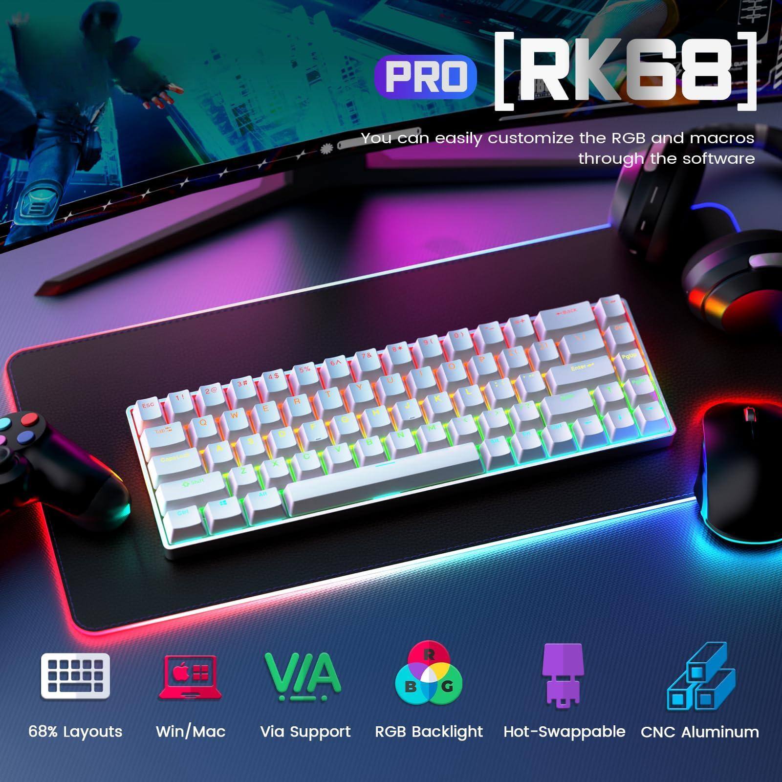 PRO [RK68]  
You can easily customize the RGB and macros through the software  

68% Layouts  
Win/Mac  
Via Support  
RGB Backlight  
Hot-Swappable  
CNC Aluminum