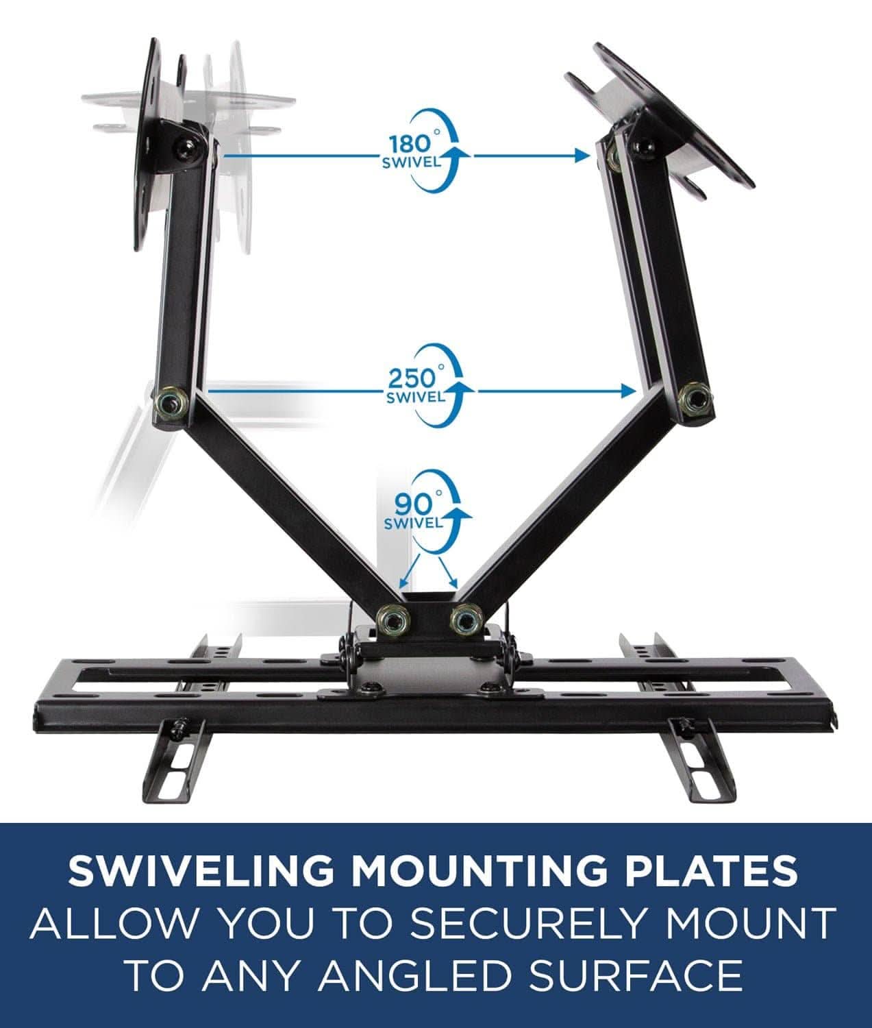 180° SWIVEL  
250° SWIVEL  
90° SWIVEL  

SWIVELING MOUNTING PLATES ALLOW YOU TO SECURELY MOUNT TO ANY ANGLED SURFACE