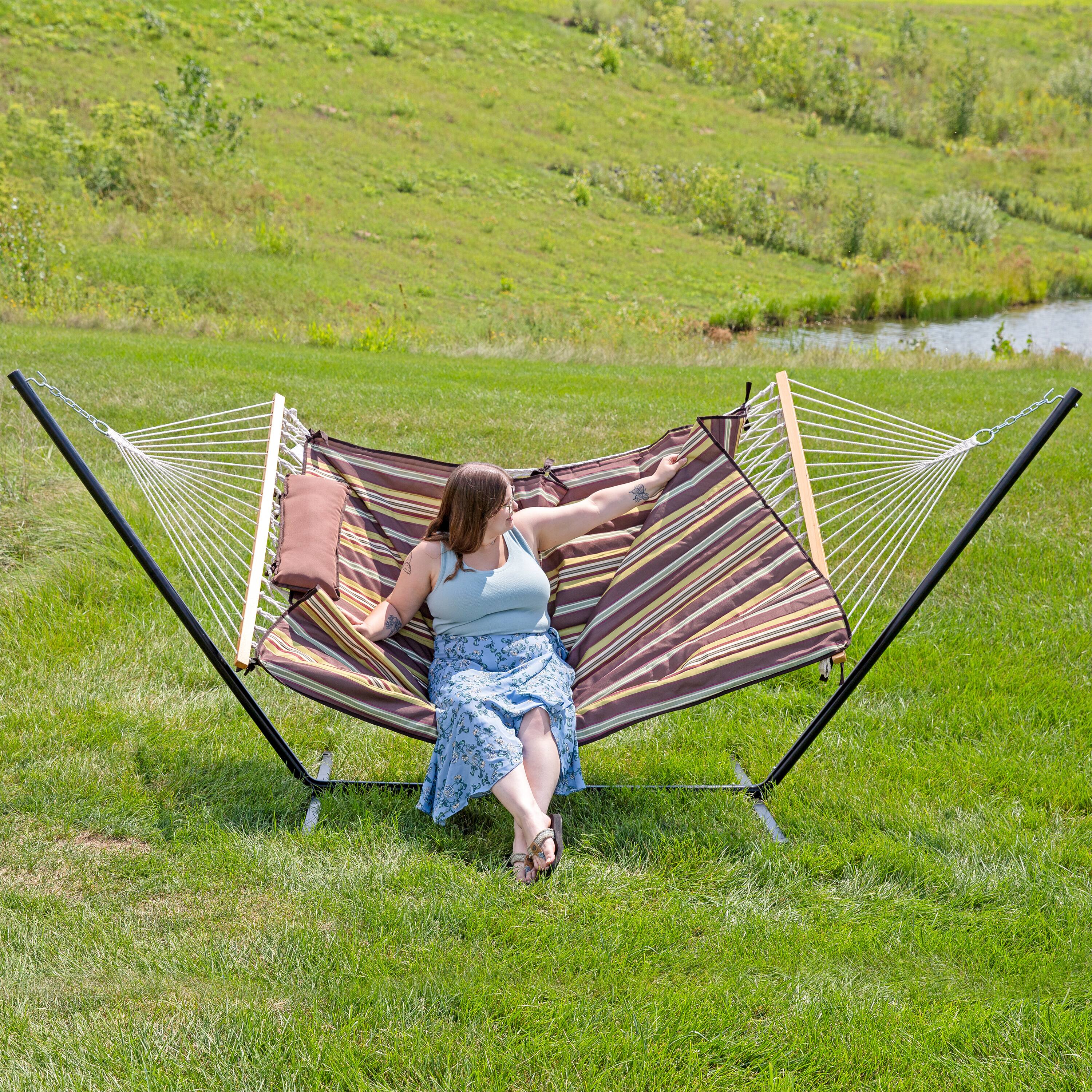 Alt View 10. Sunnydaze - 2-Person Rope Hammock with Steel Stand and Pad/Pillow - Desert Stripe.