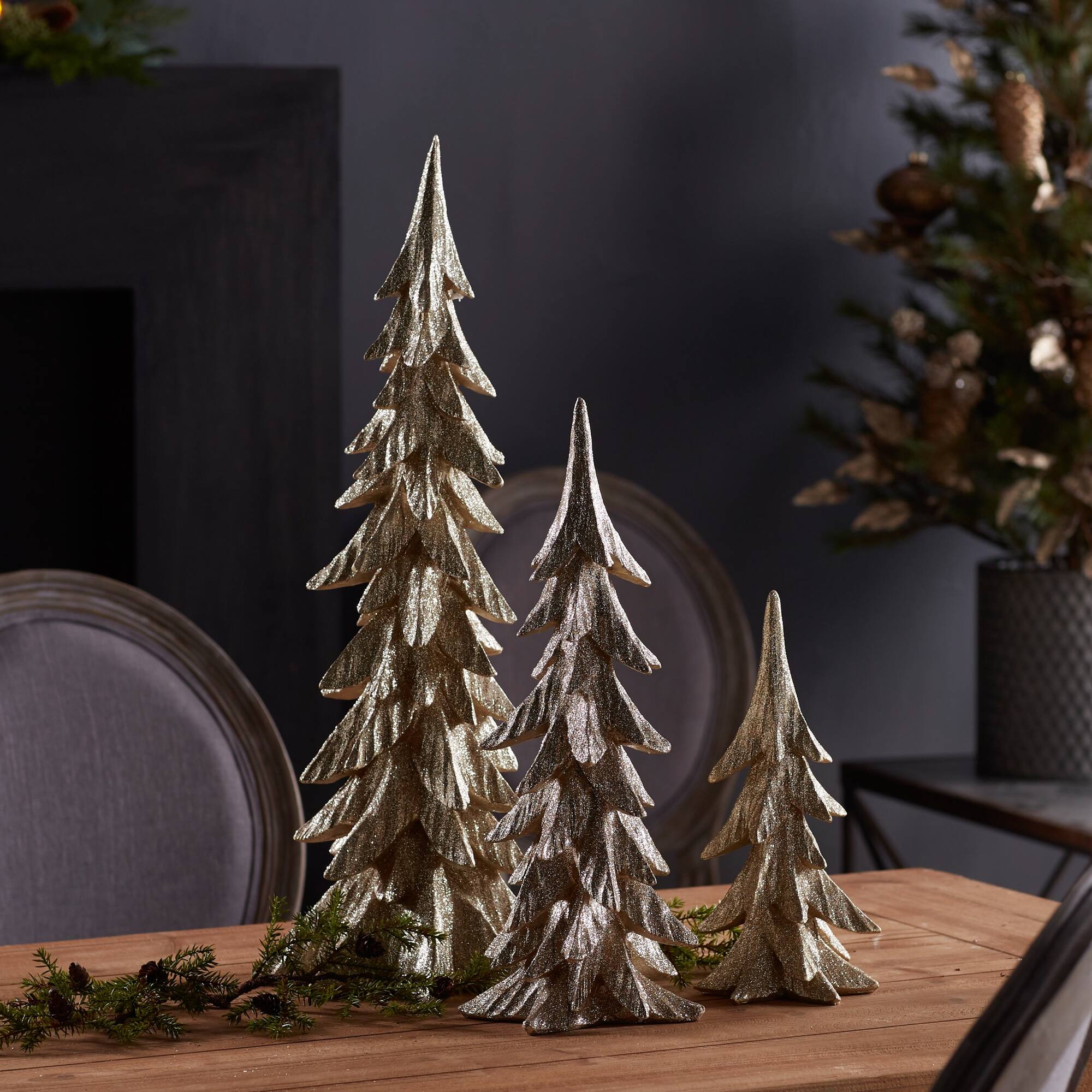 Angle. BreeBe - Gold Shimmer Tabletop Holiday Tree (Set of 3) - Gold.