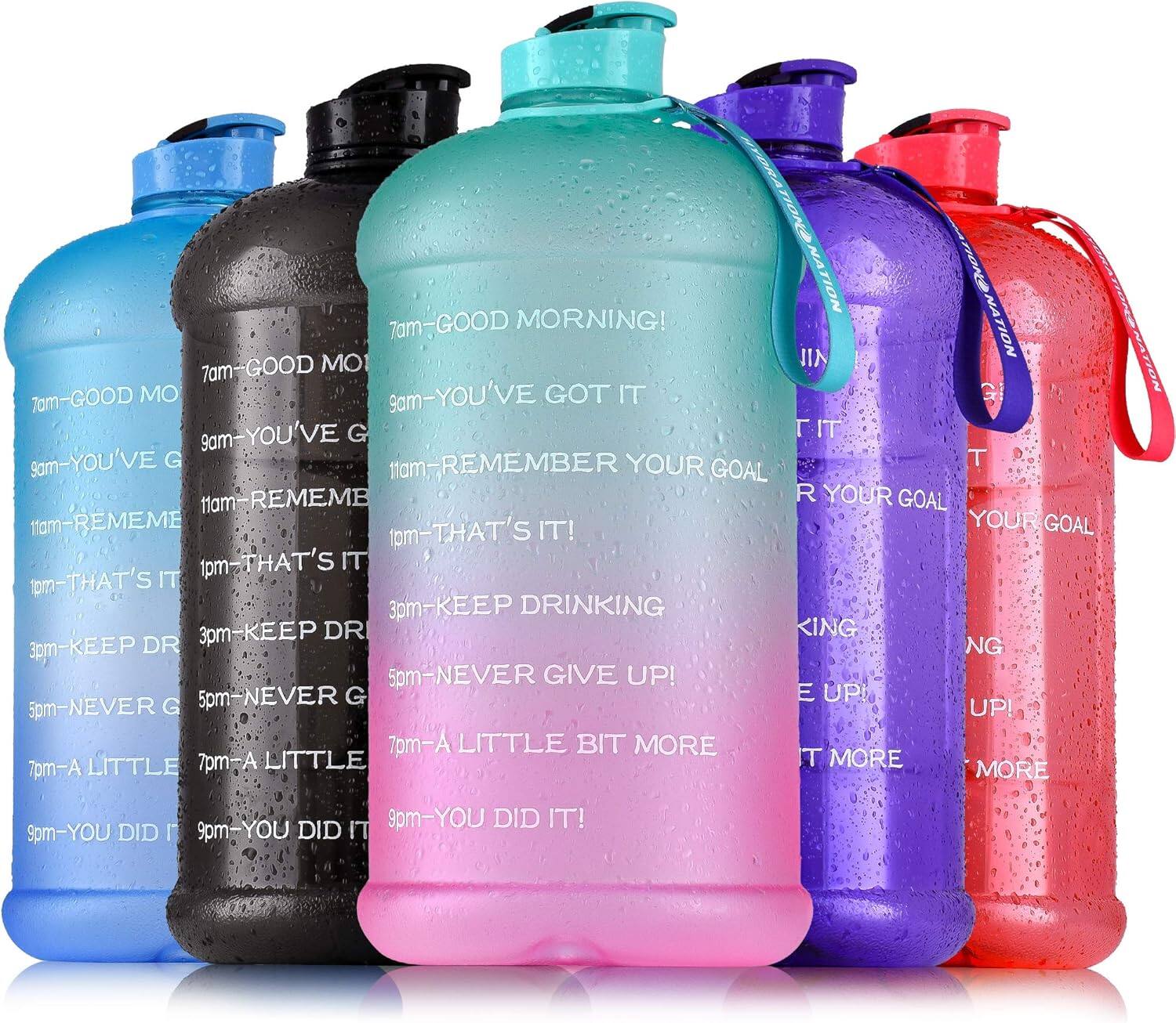 Zulay Kitchen - Water Bottle with Times to Drink 128oz – Motivational Time Reader Large Water Jug by Hydration Nation - Ombre Green and Pink