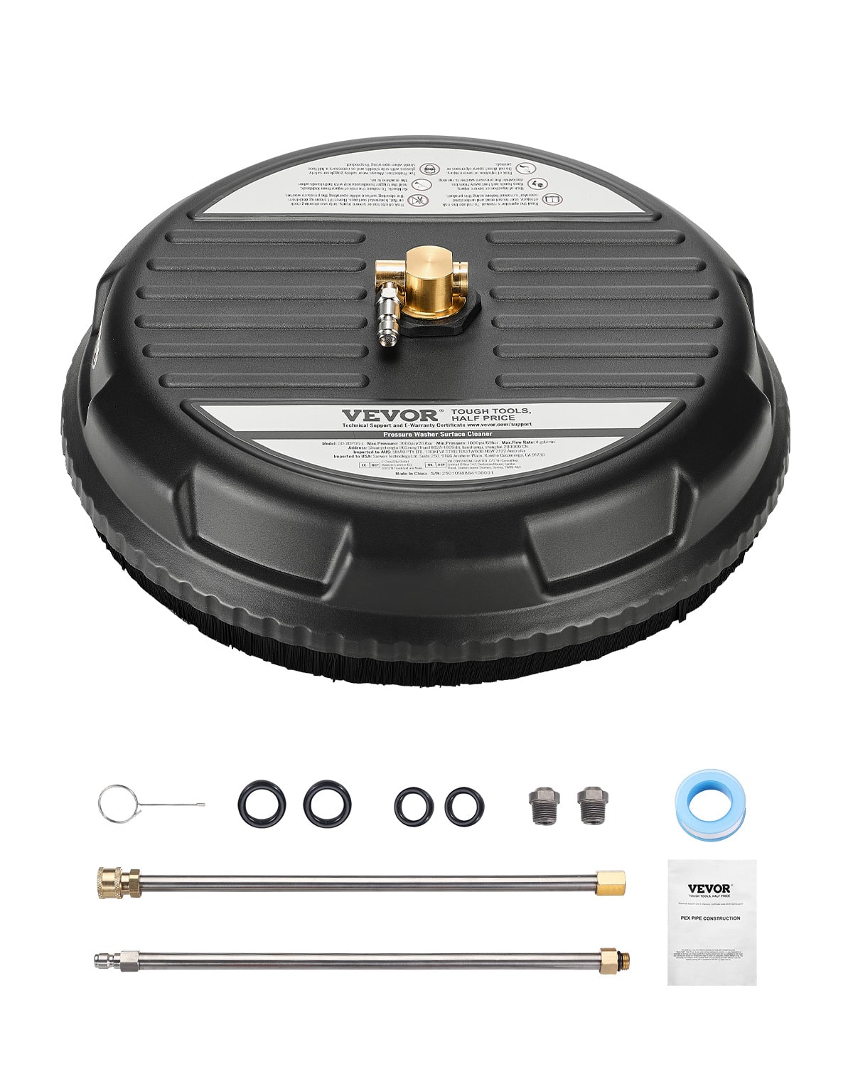 VEVOR - 15" Pressure Washer Surface Cleaner, Plastic Pressure Washer Attachments with 4 Wheels, 4000 Max PSI,1/4 Quick Connector - Black