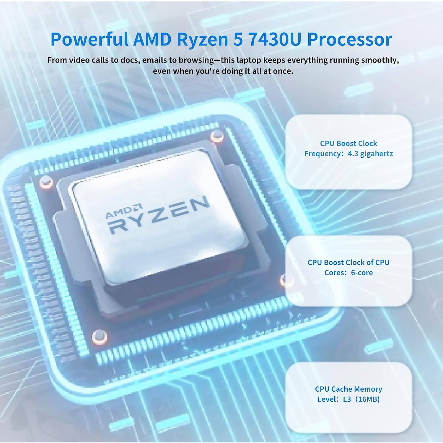 Powerful AMD Ryzen 5 7430U Processor

From video calls to docs, emails to browsing—this laptop keeps everything running smoothly, even when you're doing it all at once.

- CPU Boost Clock Frequency: 4.3 gigahertz
- CPU Boost Clock of CPU Cores: 6-core
- CPU Cache Memory Level: L3 (16MB)