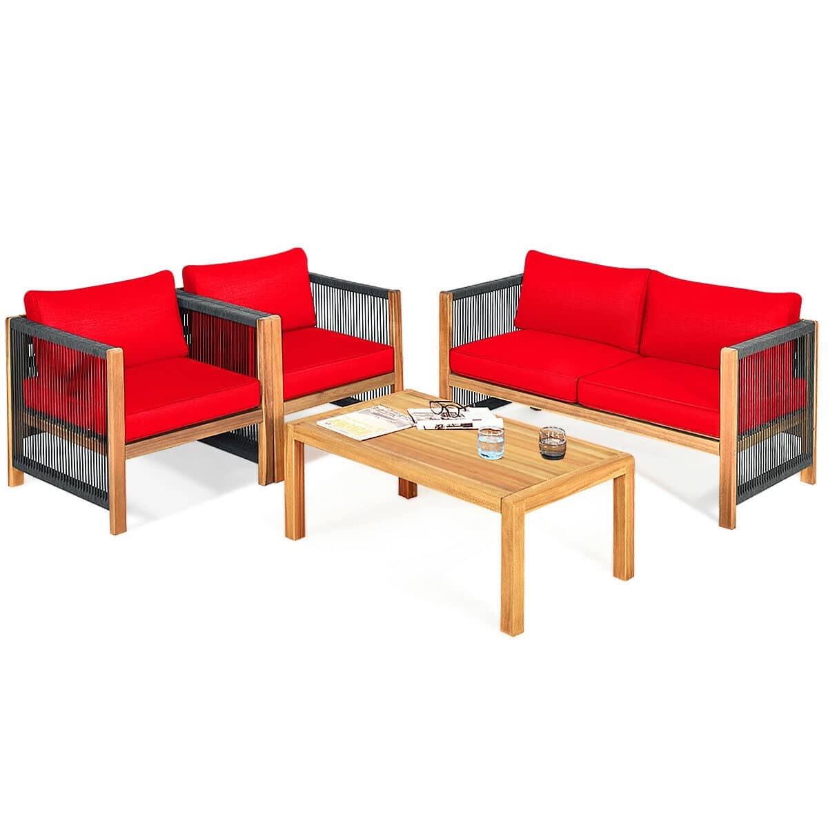 Ecooso - 4 Pieces Acacia Wood Sofa Set with Cushions for Outdoor Patio - Red