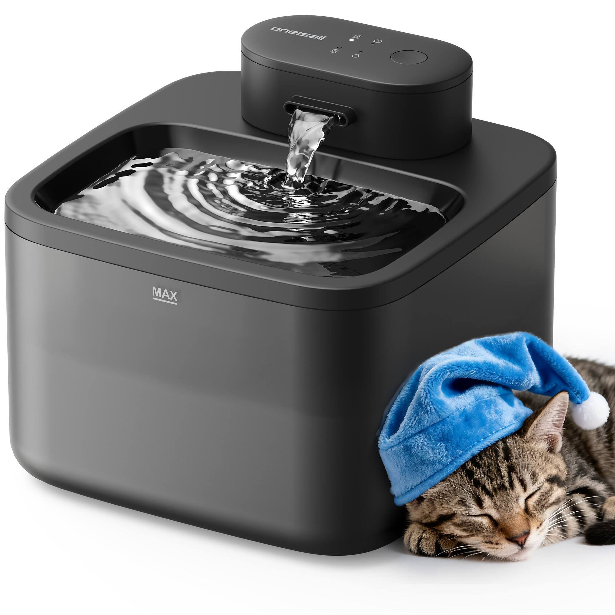 Oneisall - 2.2L/74oz Wireless Cat Water Fountain With Silent Pump 3 Flow Modes 4000mAh Battery 5-Layer Filter - Black