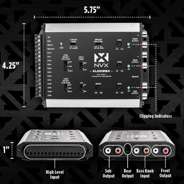 5.75"  
12V OND TURN ON MODE GROUND ISOLATION GAIN FRONT OUTPUT  
4.25"  
REM N REM OUT CHT+ CHS CH2+ CH2 H3+ H- CH4- CH4 CHS+ CHS- I I -N DC AUD - ING DE 200C - - LOAD SELECT INPUT NX ICHT-CHA MODE 200 GAIN 80G NVX NOM J0NG XLOCBBX MI A . OT UNEOUTRT CONVENTER LOAD SELECT ICHS-CHE LPF BOOST GAIN 200 JoN 800 & REAR OUTPUT &F REMOTE CHE- CHE. KON oFe - S - A - SUB OUTPUT  

Clipping Indicators  
1" High Level Input Sub Output Rear Bass Knob Front Output Input Output
