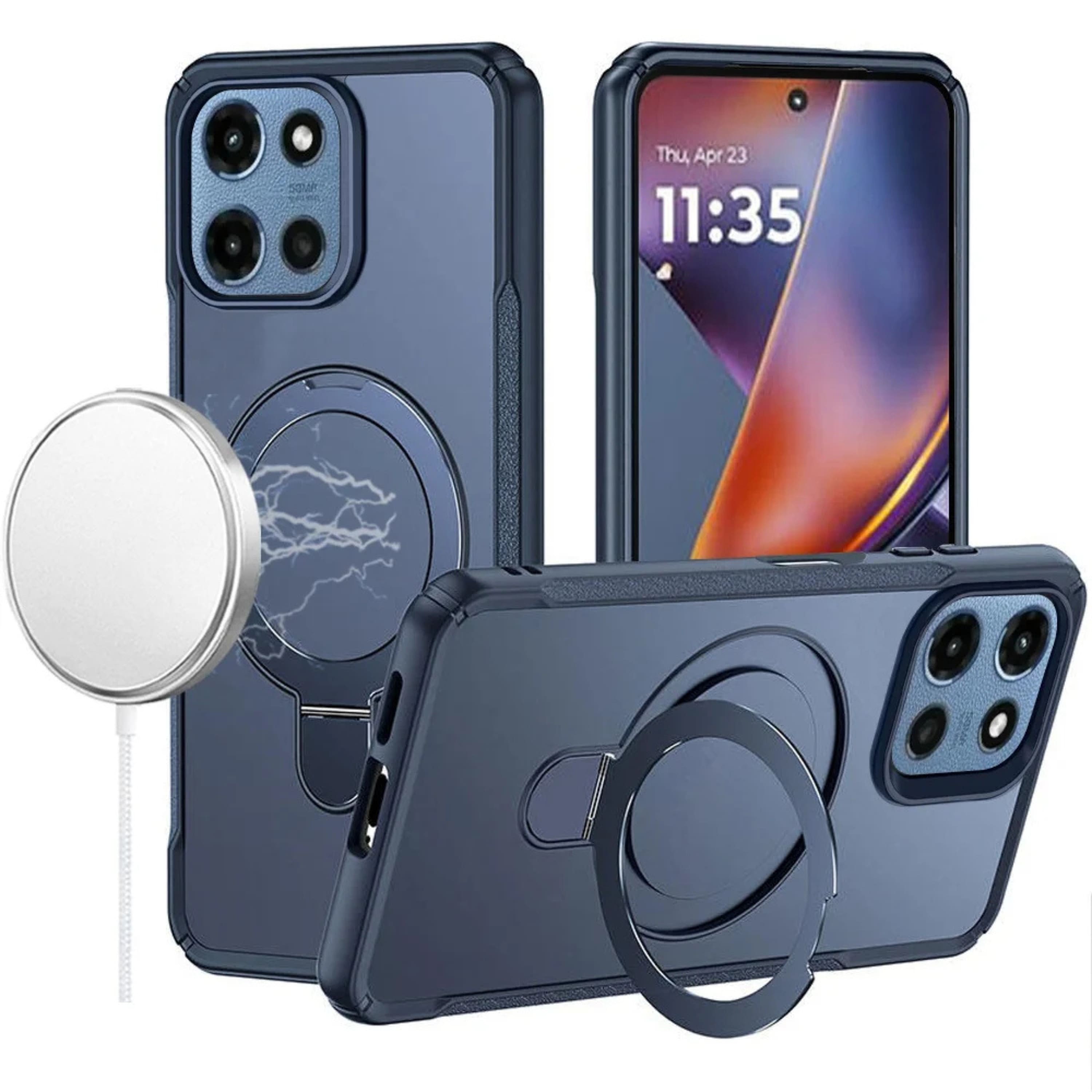 Kitcheniva - Magnet Circle Stand Matte Phone Case With Tempered Glass For Moto G 2025/2026/G Play 2026 Blue - Navy
