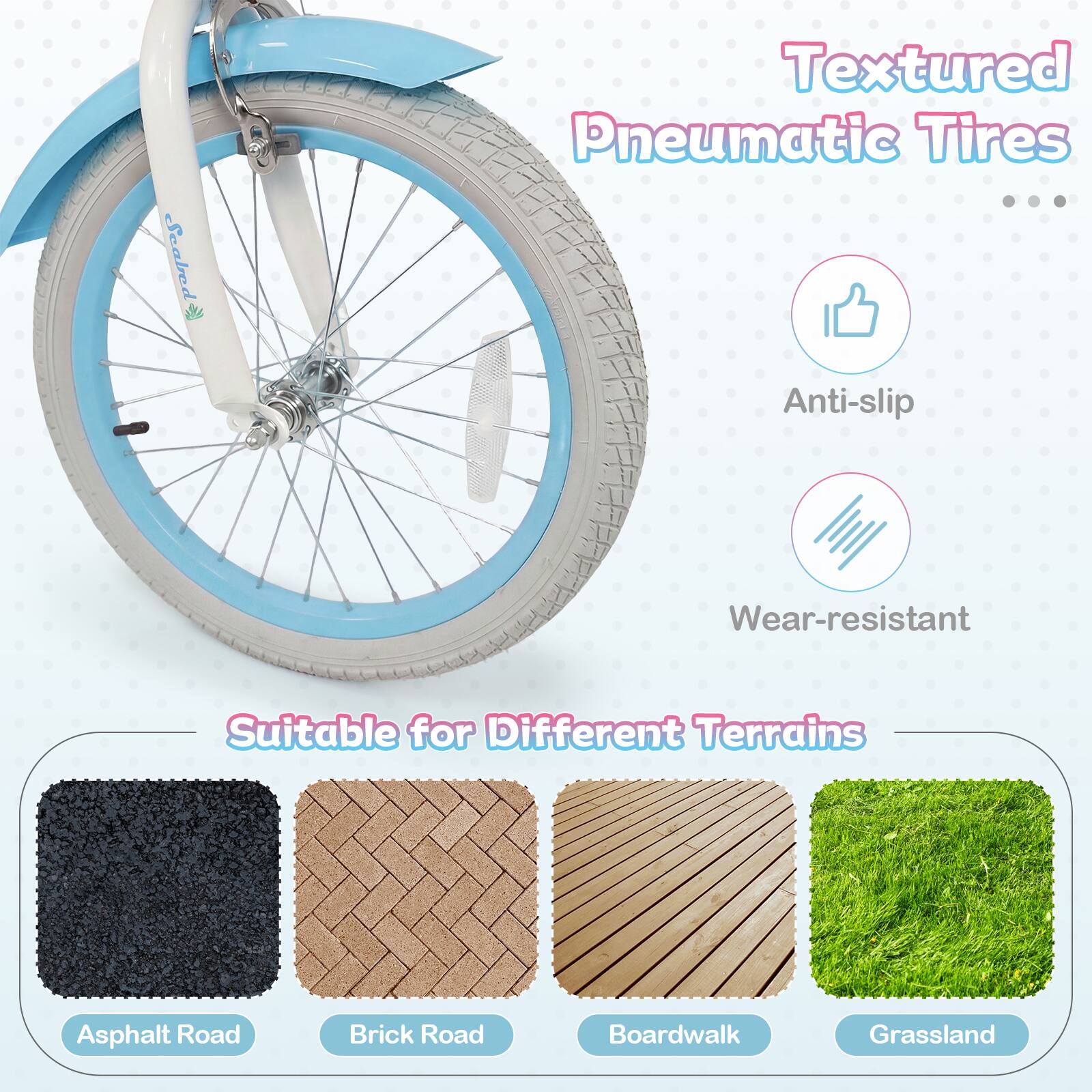 Textured Pneumatic Tires

Anti-slip  
Wear-resistant

Suitable for Different Terrains

Asphalt Road  
Brick Road  
Boardwalk  
Grassland