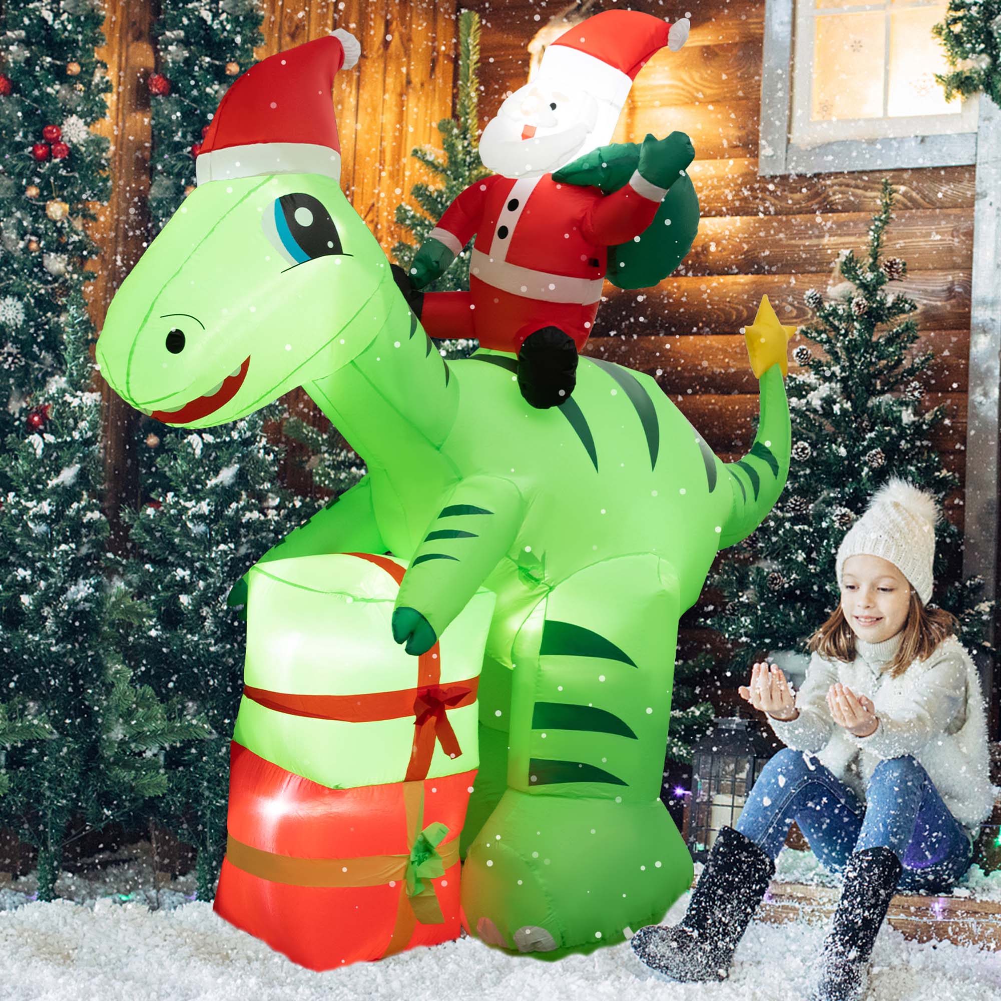 Alt View 4. Costway - 8FT Inflatable Christmas Santa Claus Dinosaur LED Lighted Decoration Gift Boxes - Multicolor.