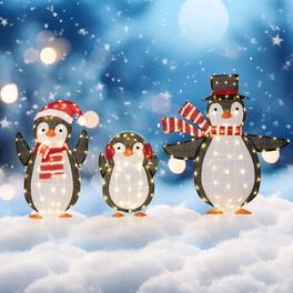 Gymax - Lighted Christmas Penguins Set of 3 Christmas Penguin Decorations w/ LED Lights - Multicolor