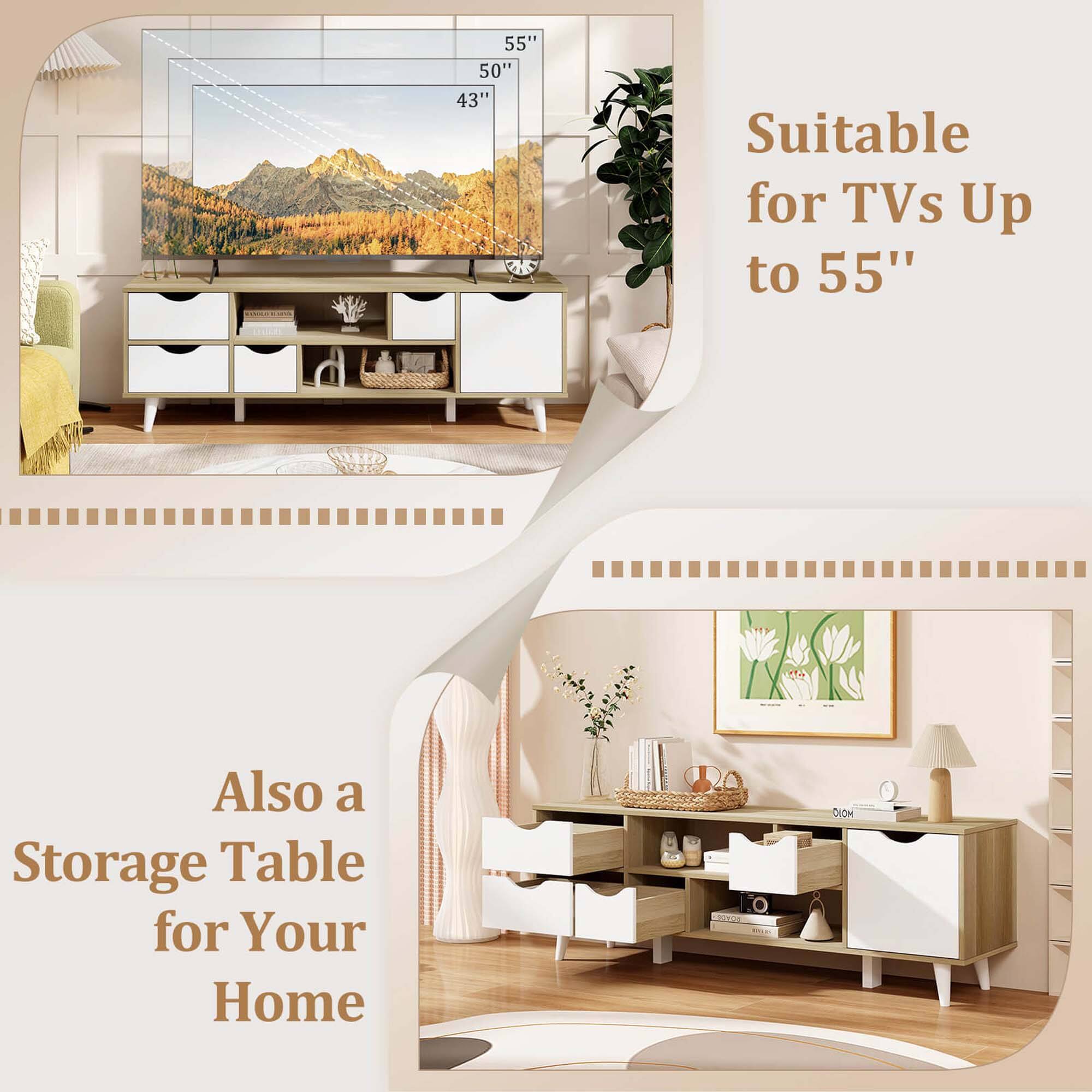 The text on the image is grouped and corrected as follows:

"55" 50" 43" Suitable for TVs Up to 55" Also a Storage Table for Your Home."