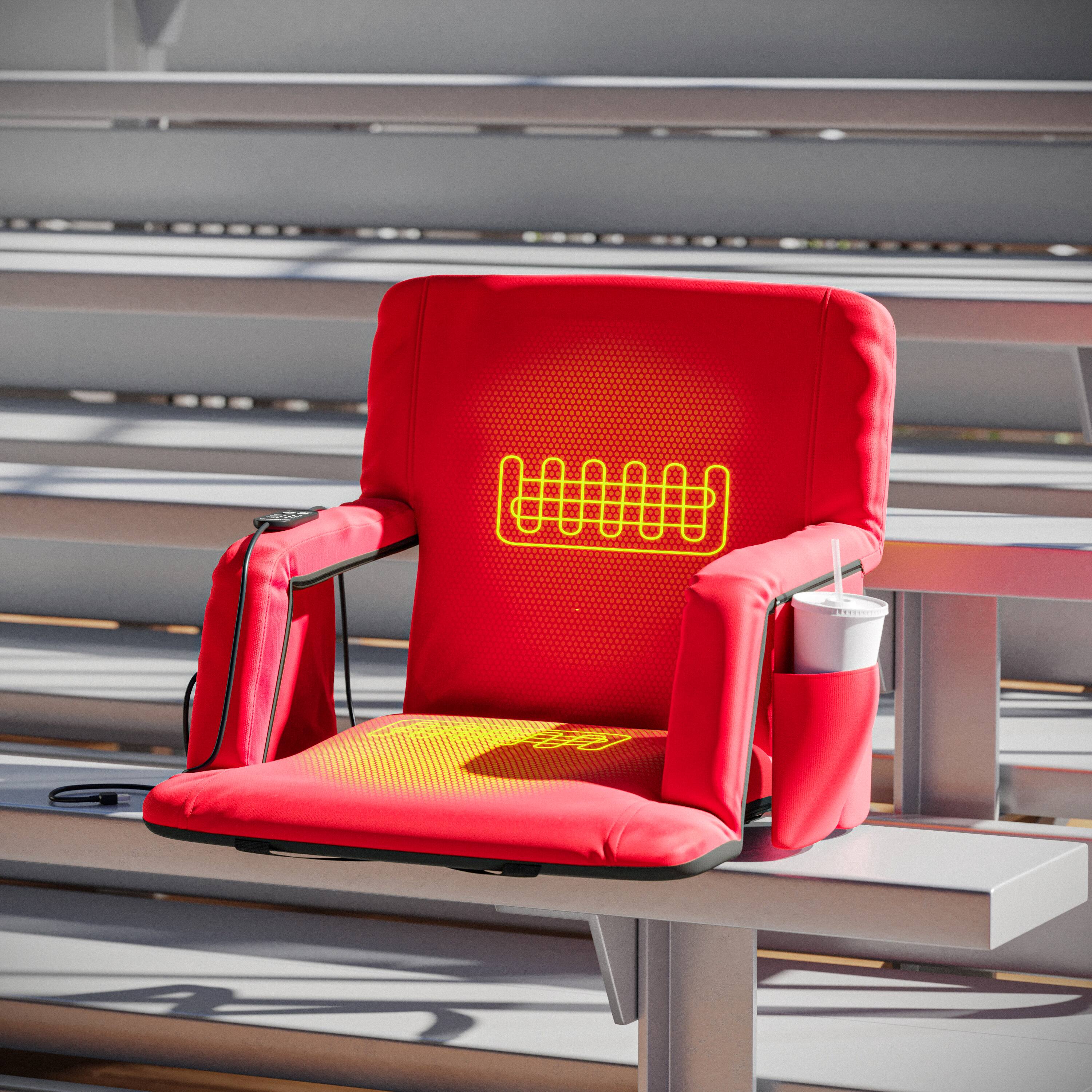 Alt View 4. Emma + Oliver - Foldable Reclining Stadium Chair with Backpack Straps-Heated Back and Seat - Red.