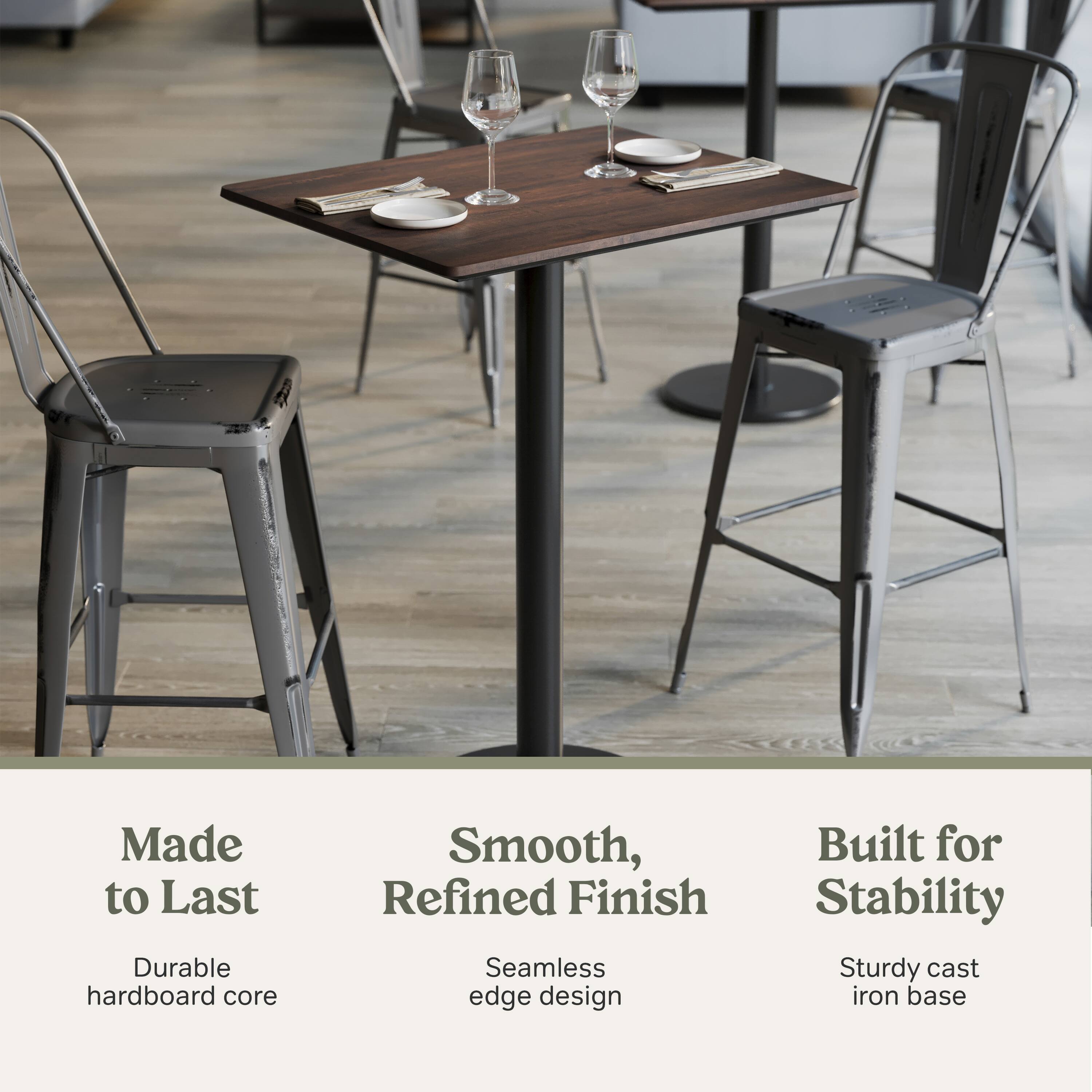 Made to Last  
Durable hardboard core  

Smooth, Refined Finish  
Seamless edge design  

Built for Stability  
Sturdy cast iron base