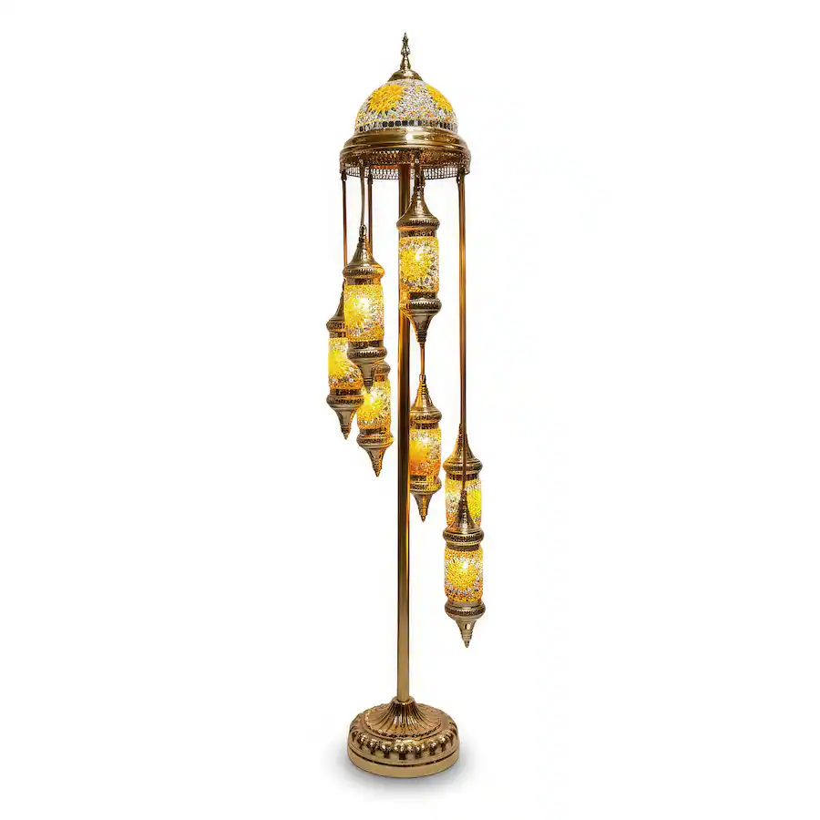 FC Design 73"H Gold Base Spiral Turkish Lamp w/ 7 Yellow Mosaic Lantern ...
