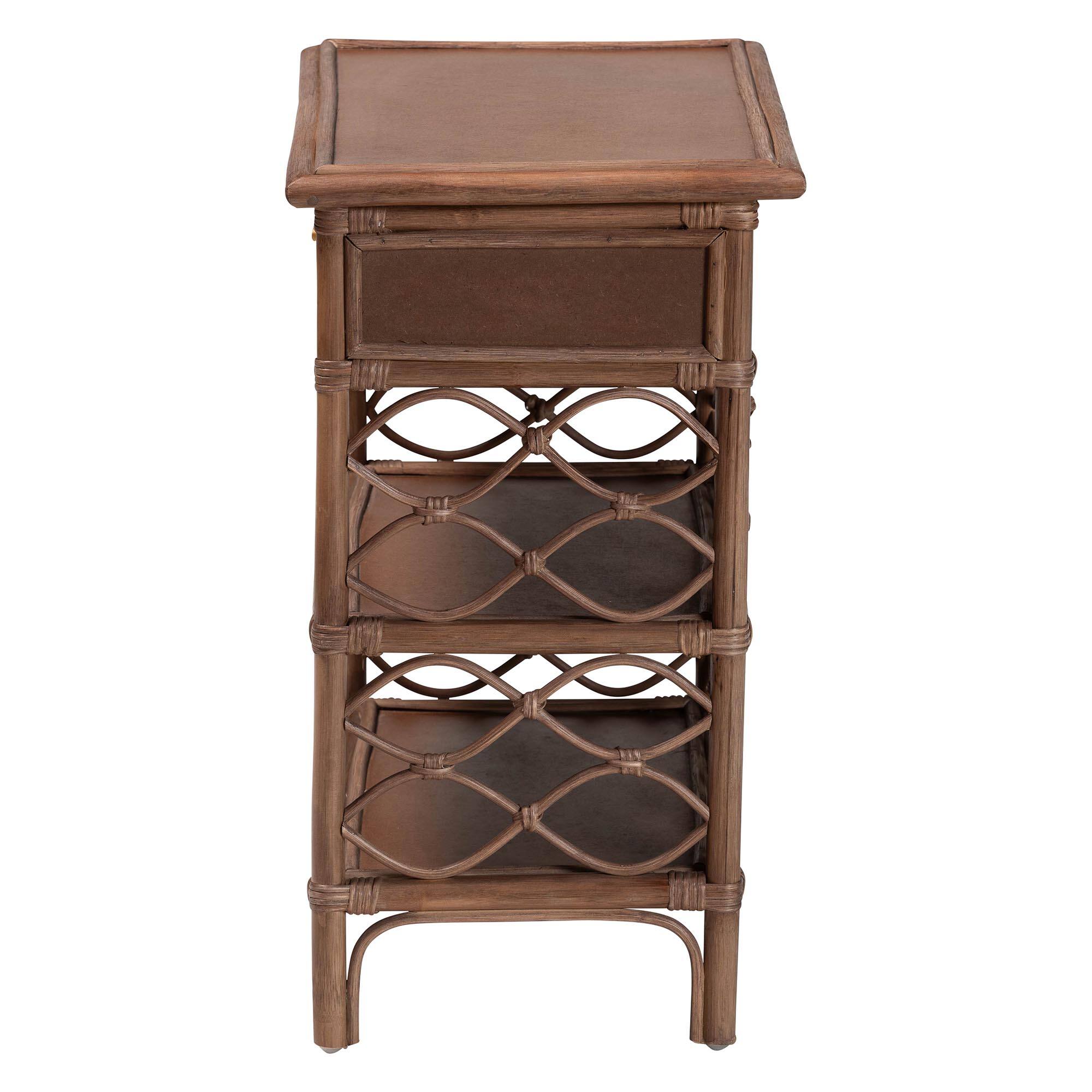 Back. bali & pari - Akane Natural Rattan Nightstand with Drawer and Open Shelves – Coastal Bedside Table with Lattice Design, Brown - Antique Brown.