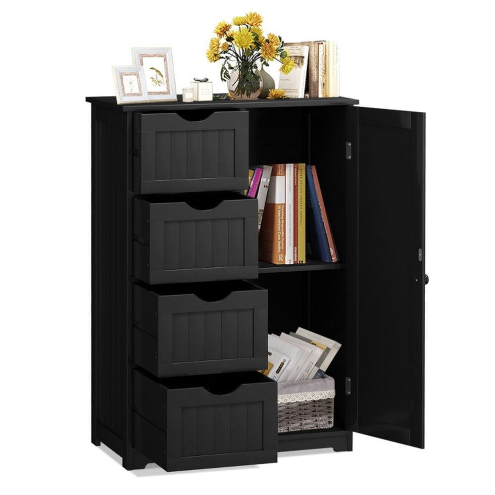 Angle. Pefilos - Standing Indoor Wooden Cabinet with 4 Drawers-Black, Small Bathroom Storage Cabinet for Entryway Storage, Home Office - Black.