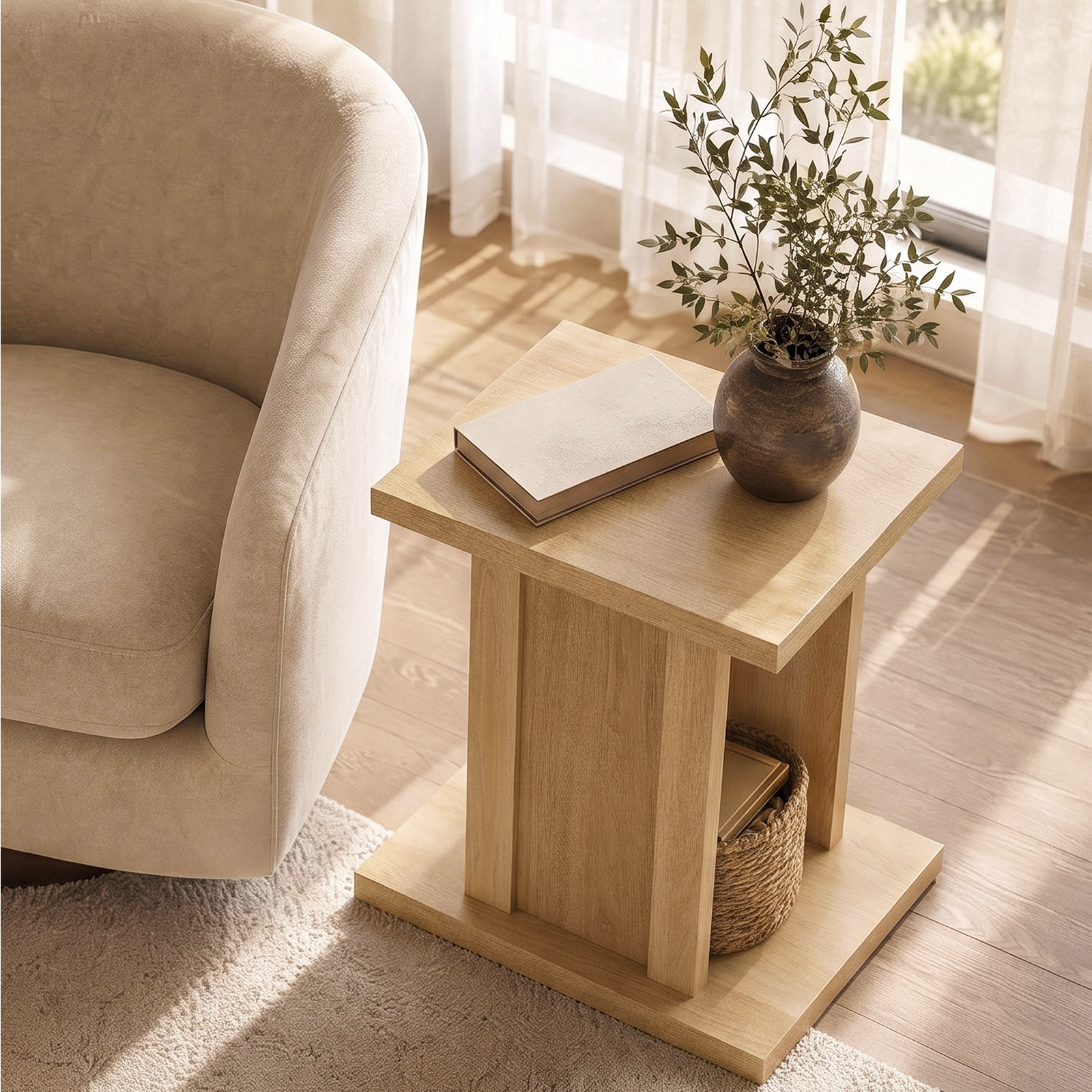 Left. ModernMate - 2-Tier Fluted End Table with Storage Shelf Modern Rectangle Side Table for Living Room - Natural Wood.