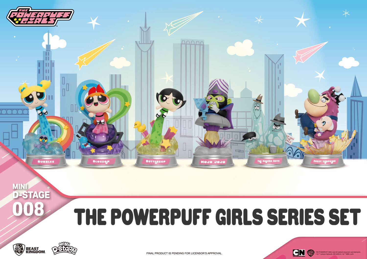The text in the image can be grouped and corrected as follows:

**The Powerpuff Girls Series Set**

- Mini D-Stage 008
- The Powerpuff Girls Series Set
- Mini Beast Kingdom
- Final product is pending for licensor's approval
- CN
- WB

**Characters:**
- Bubbles
- Blossom
- Buttercup
- Mojo Jojo
- The Minis Boys
- Fuzzy Lumpkins

This text appears to be related to a collectible set featuring characters from "The Powerpuff Girls."
