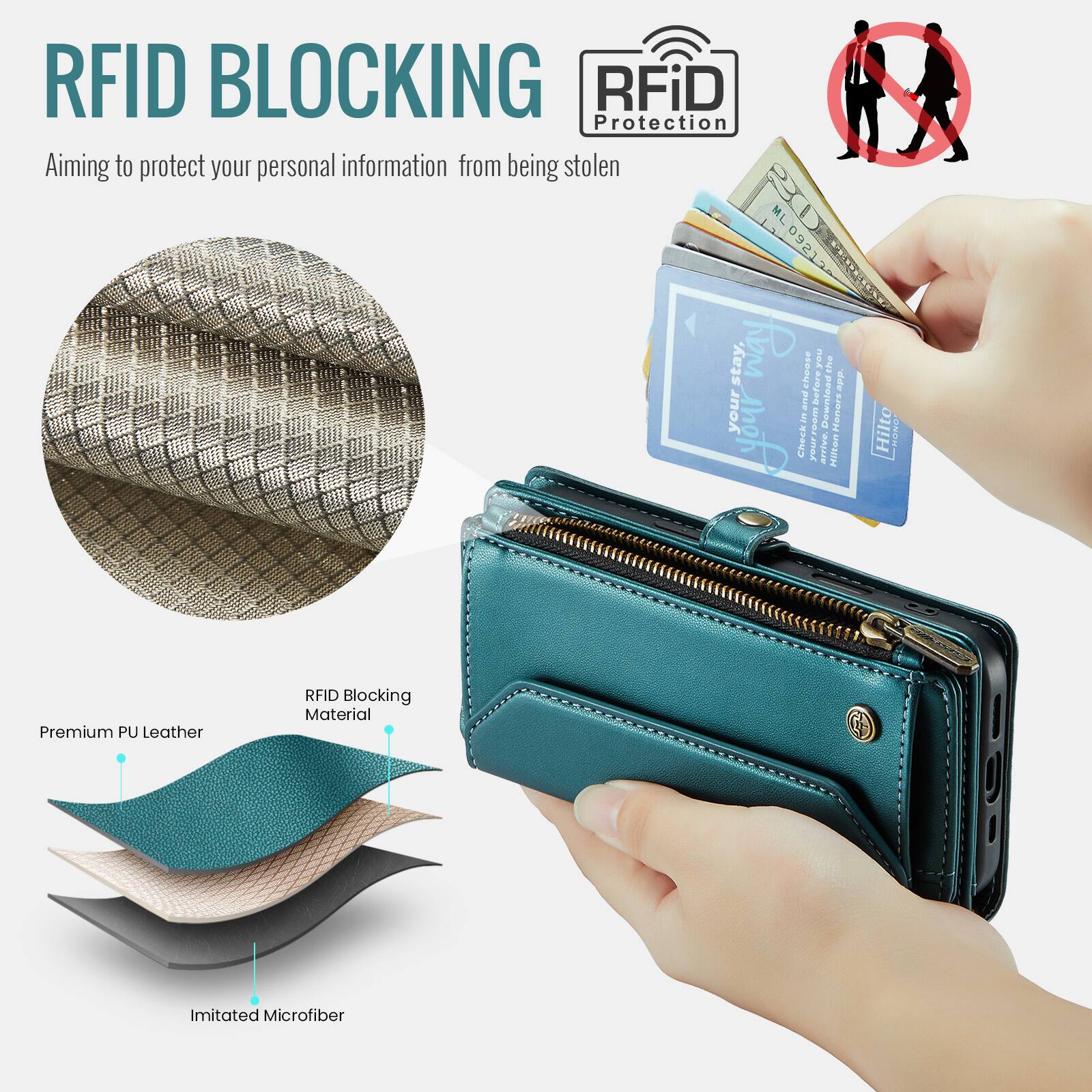 RFID BLOCKING  
Aiming to protect your personal information from being stolen  

RFiD Protection  

Premium PU Leather RFID Blocking Material  
Imitated Microfiber