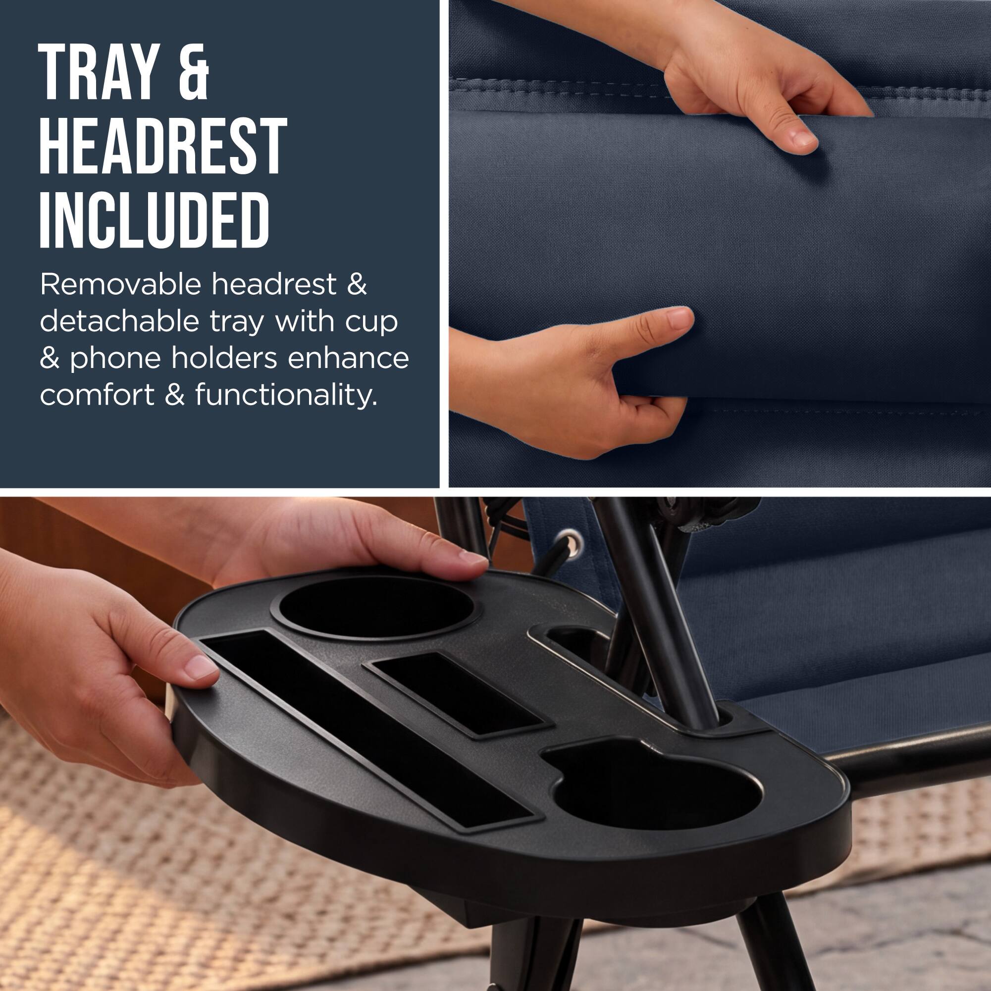 TRAY & HEADREST INCLUDED

Removable headrest & detachable tray with cup & phone holders enhance comfort & functionality.
