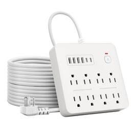 Dazzed Corner - 6 FT Flat Plug Surge Protector, 8 Outlets & 6 USB Ports, 1250W - White