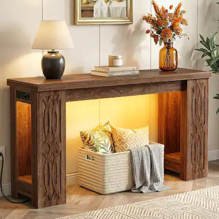 Front. Aheaplus - 47'' Console Table, Farmhouse Console Table with Charging Station and RGB LED Lights - Retro Brown.